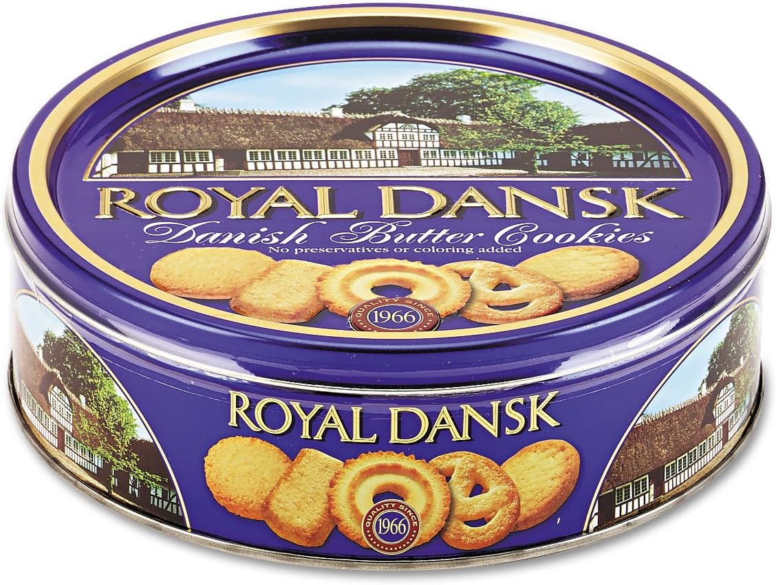 Royal Dansk 81997 Danish Butter Cookies, Blue Flat Display, Reusable Classic Tin Filled, Made of Real Butter, No Preservatives or Coloring Added, Net Weight 12 Ounce (340 gr)