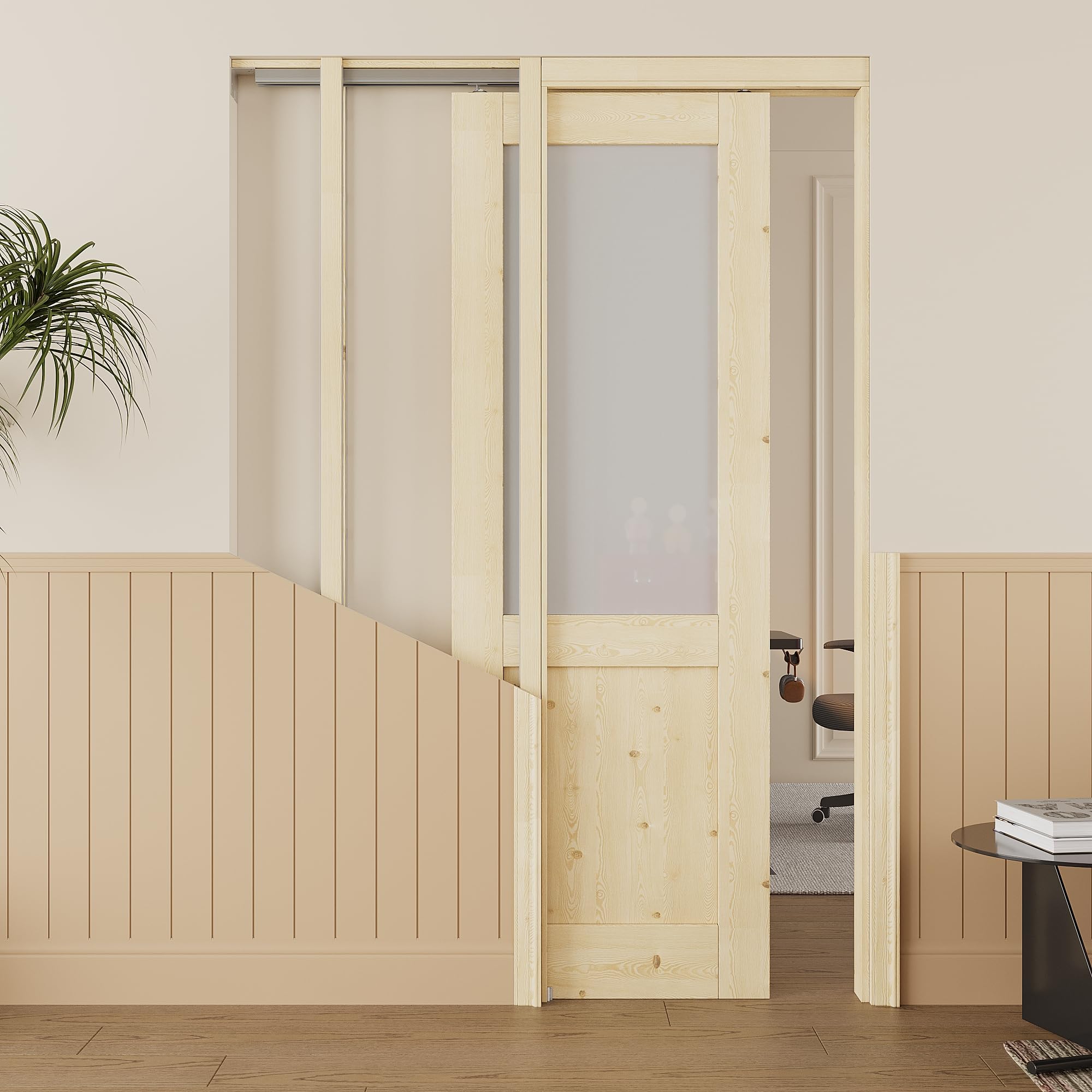 28x80 Sliding Pocket Door,Half Lite Pine Frosted Glass Doors,Hidden Doors