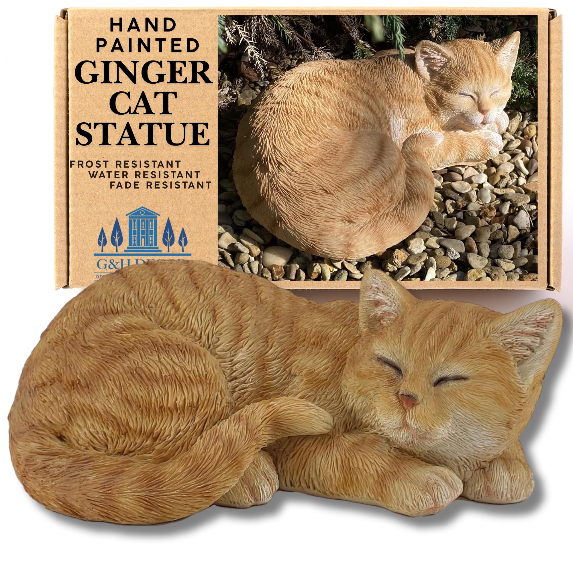 G&H Decor Realistic Ginger 32cm Sleeping Cat - Cat Gift for Woman - Weather-Resistant Resin Garden Ornament