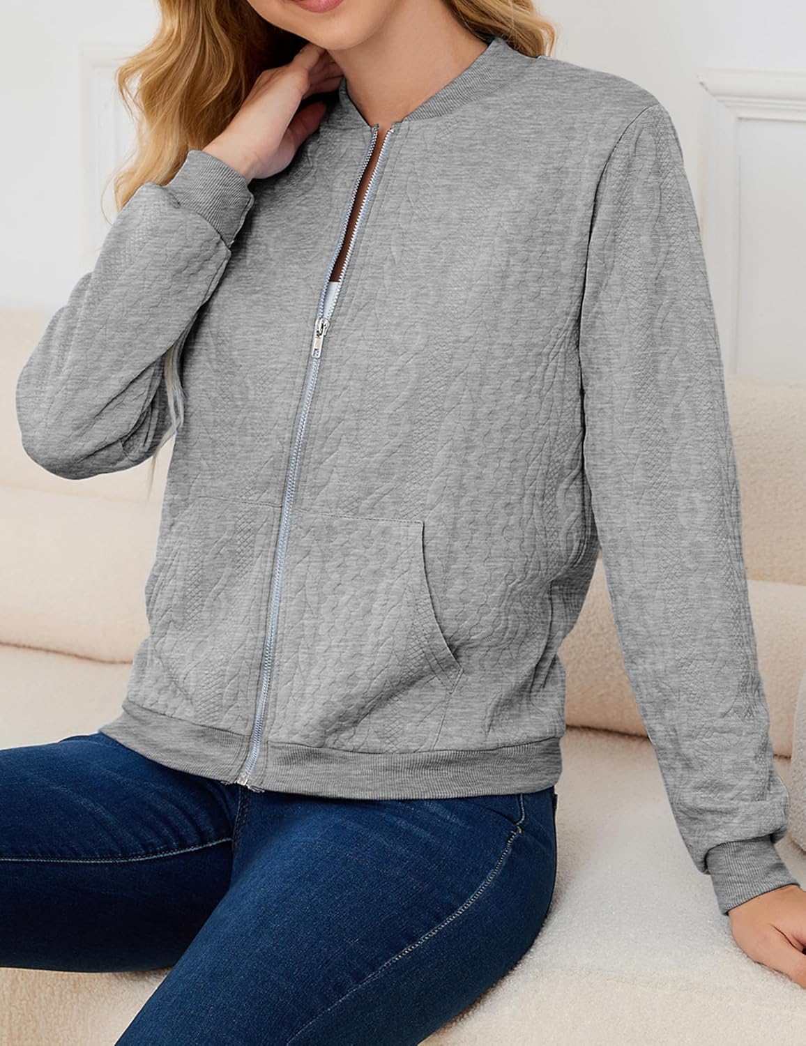 Womens Full Zip Up Cardigan Sweater Casual Solid Long Sleeve Sweatshirt Coat with Pocket - Image 5