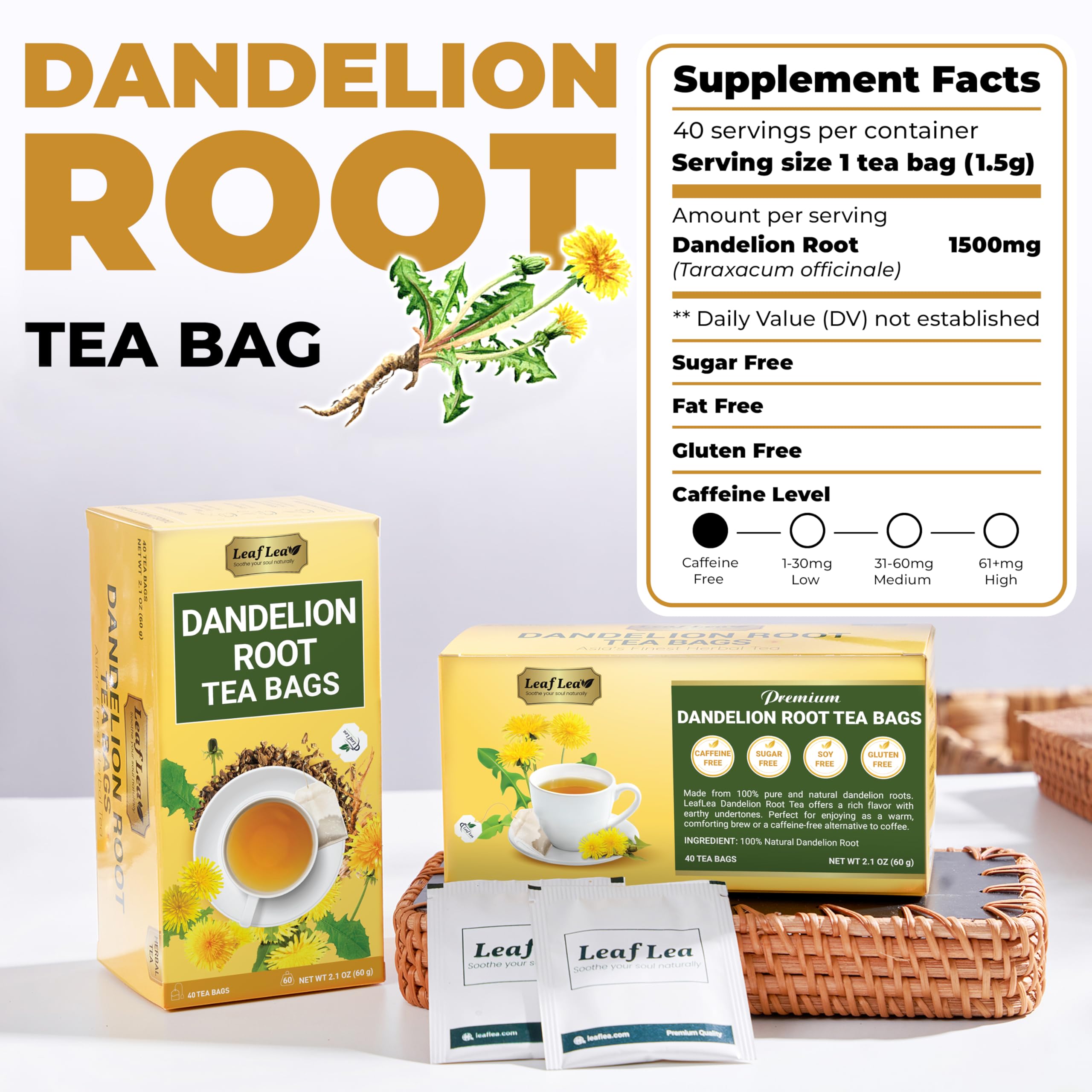 LeafLea 80 Dandelion Tea Bags, All Natural and Pure Dandelion Root Tea, Supports Digestion & Immune Health, Individually Wrapped Tea Bags, Caffeine-Free, Vegan, No Sugar, Gluten-Free, Non-GMO, 2 Pack: Dandelion Root 120 Tea Bags (Pack of 3)