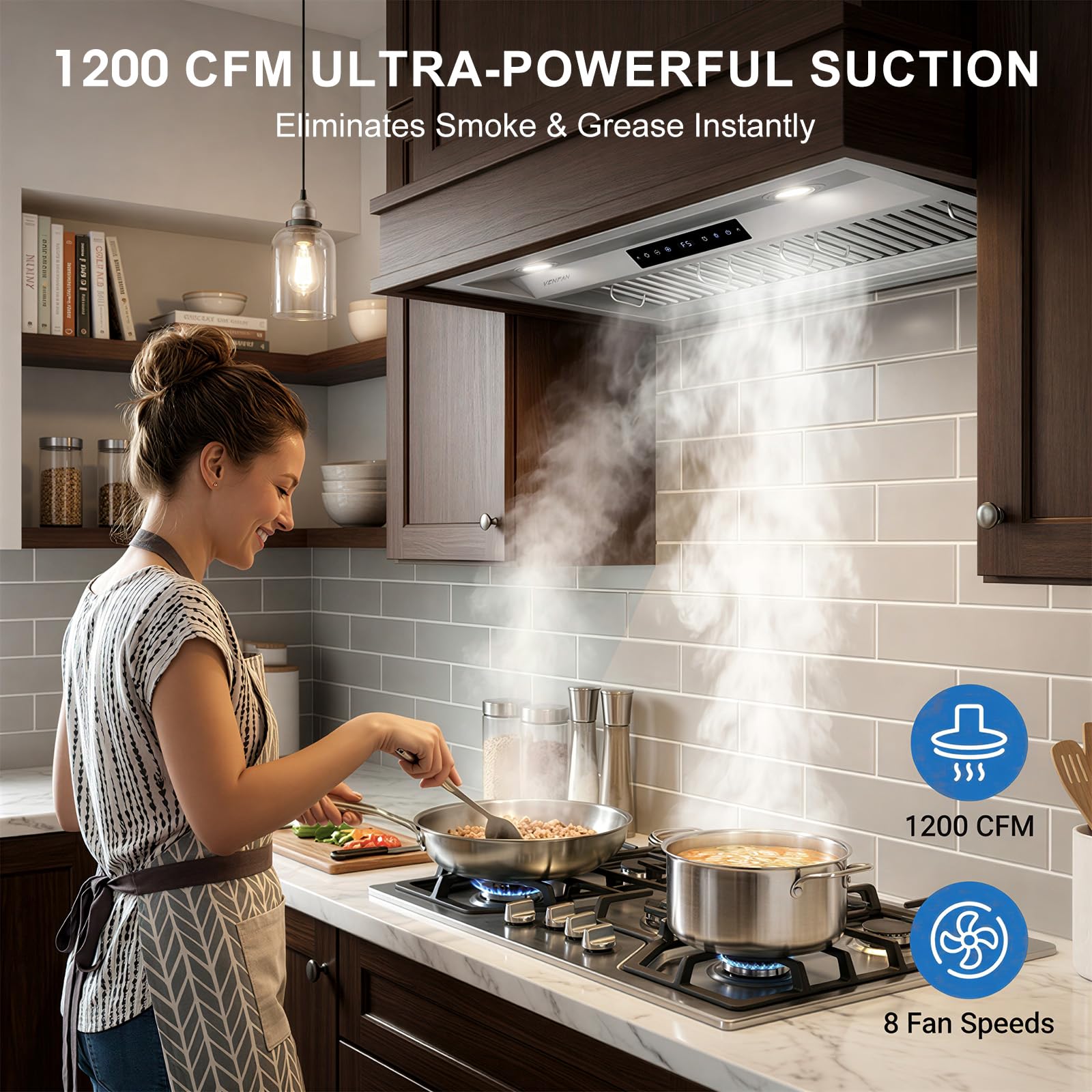 VENFAN 30 Inch Range Hood Insert, 1200 CFM Ultra Quiet DC Motor, Gesture & Touch Control, Ducted/Ductless Convertible, Stainless Steel Built-in Kitchen Vent Hood - 2
