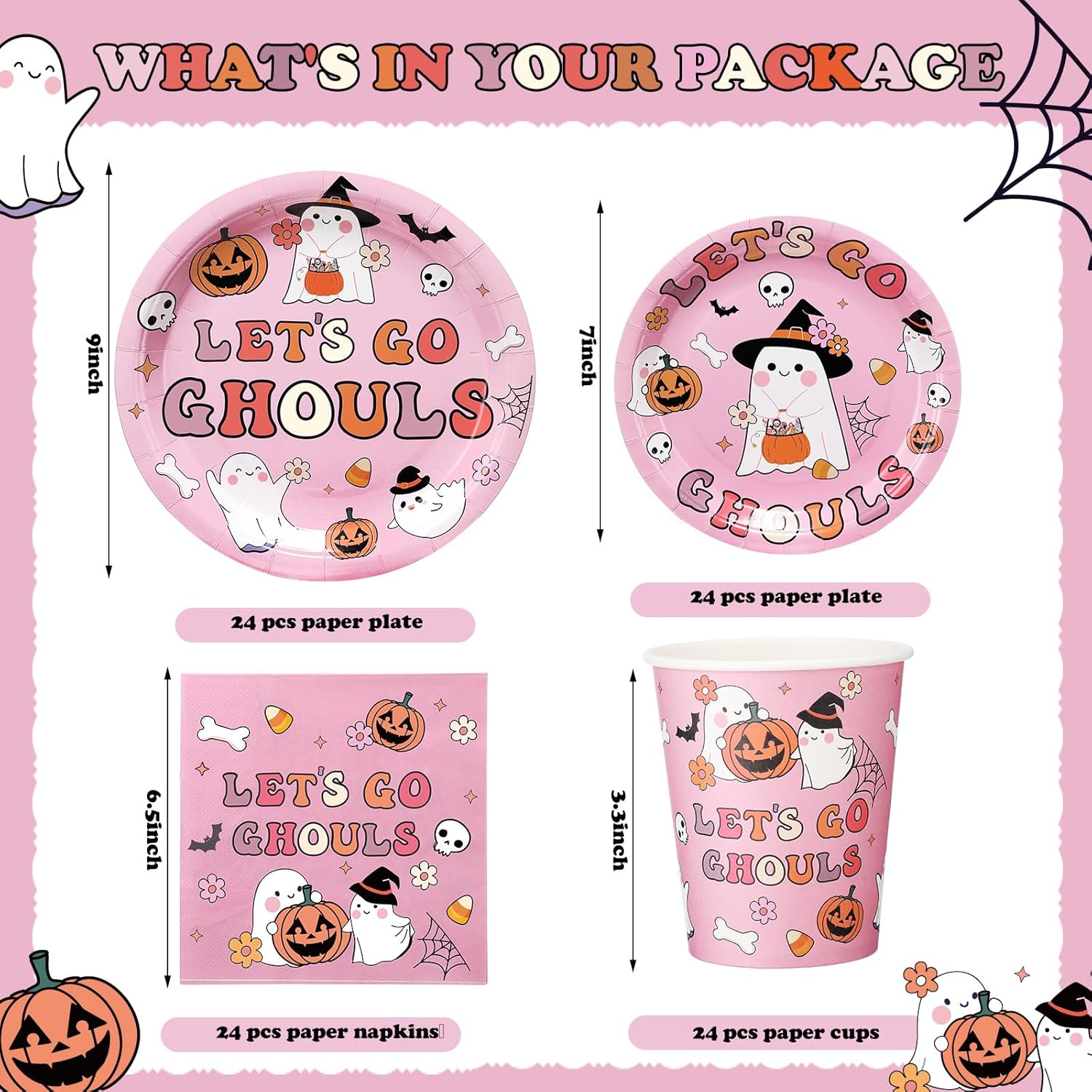 FoldTier 24 Set Halloween Party Supplies Let's Go Ghouls Pink Ghost Plates and Napkins, Plastic Tablecloth Spooky Paper Tableware for Holiday Birthday Home Table Decorations