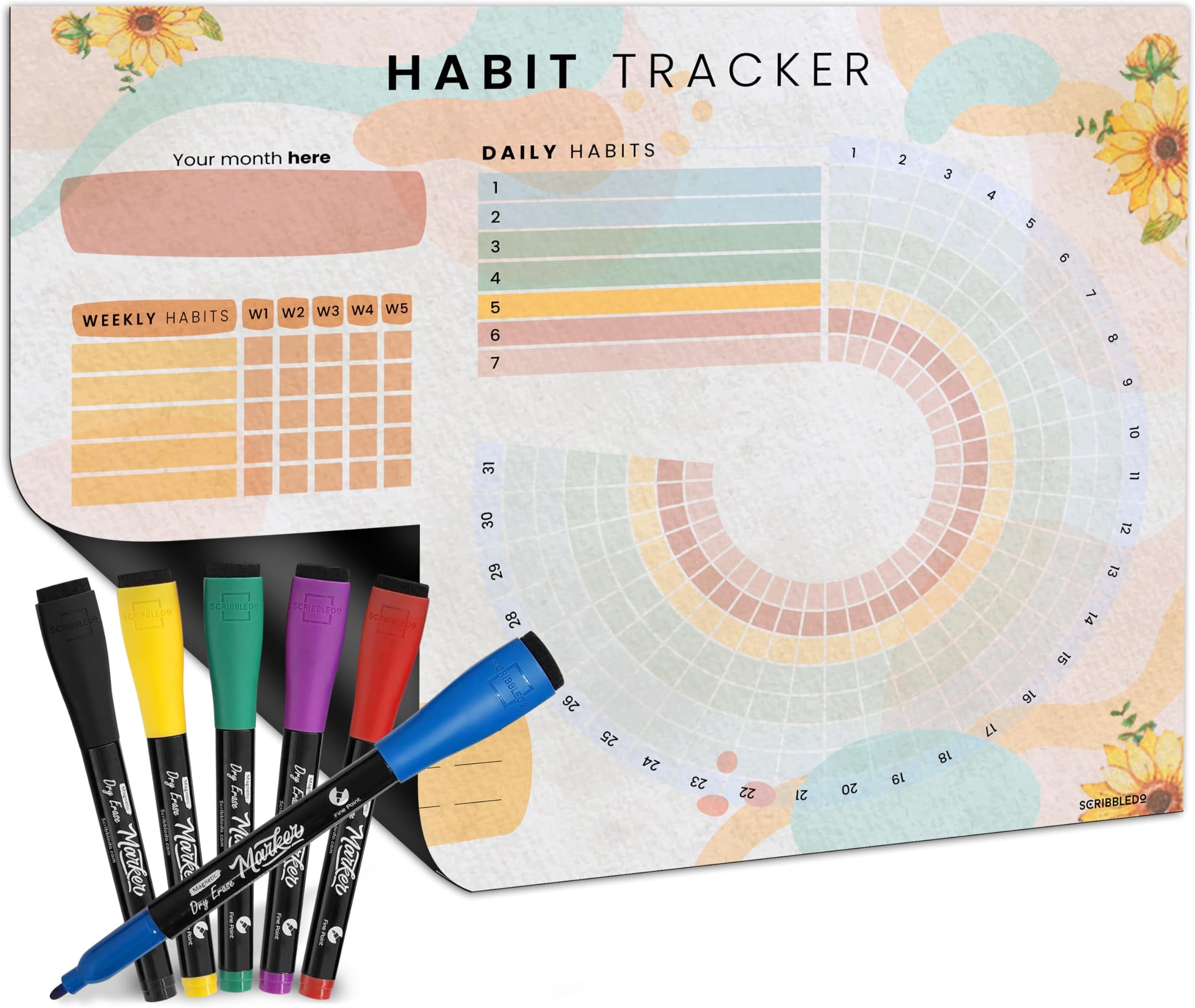 Scribbledo Habit Tracker Journal Workout Motivation Fridge Calendar Dry Erase 13” X 17” Magnet Health Fitness Goal Tracker Goals Board - With Shopping Grocery List - 6 Markers Included