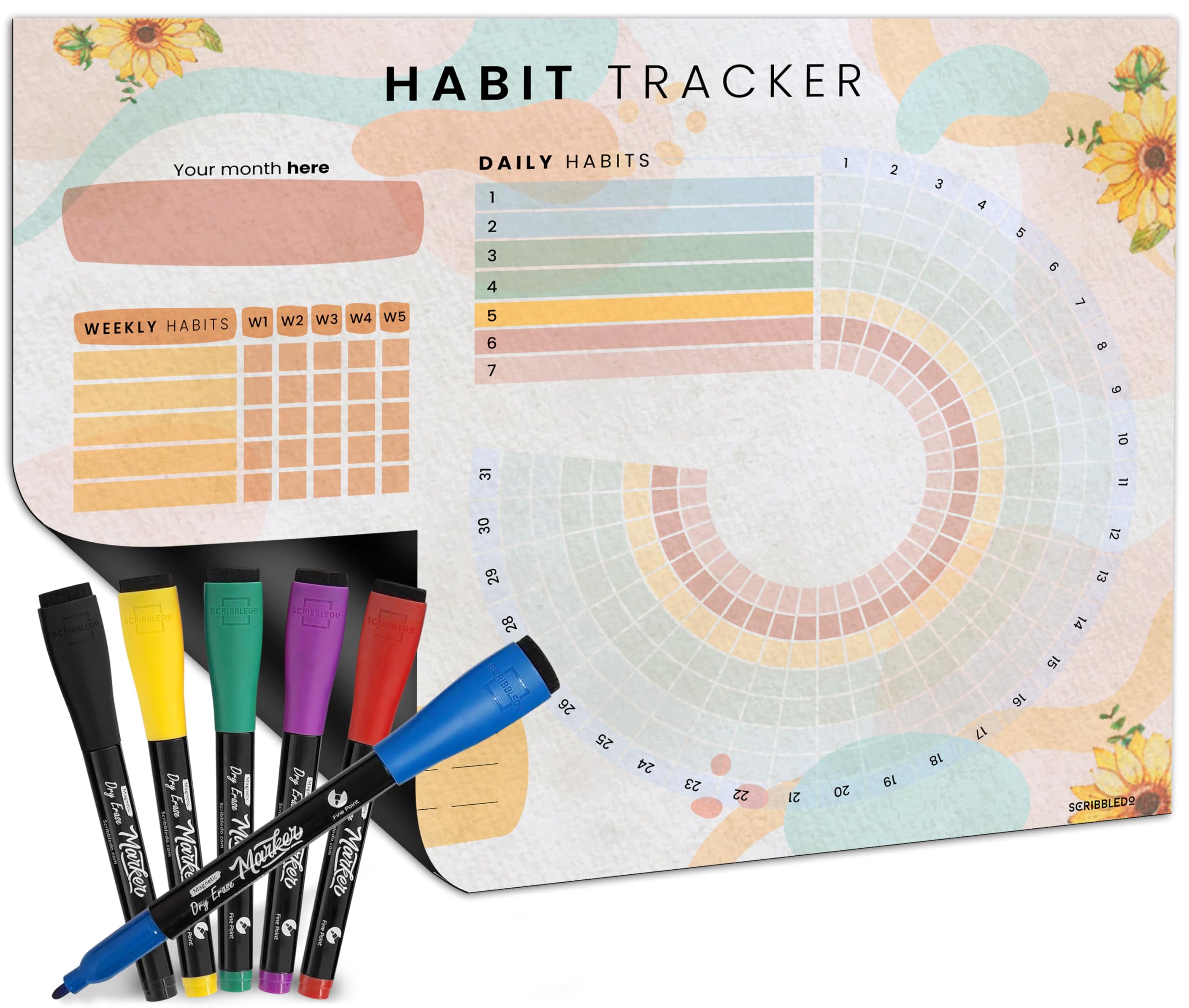 Scribbledo Habit Tracker Journal Workout Motivation Fridge Calendar Dry Erase 13β X 17β Magnet Health Fitness Goal Tracker Goals Board - With Shopping Grocery List - 6 Markers Included