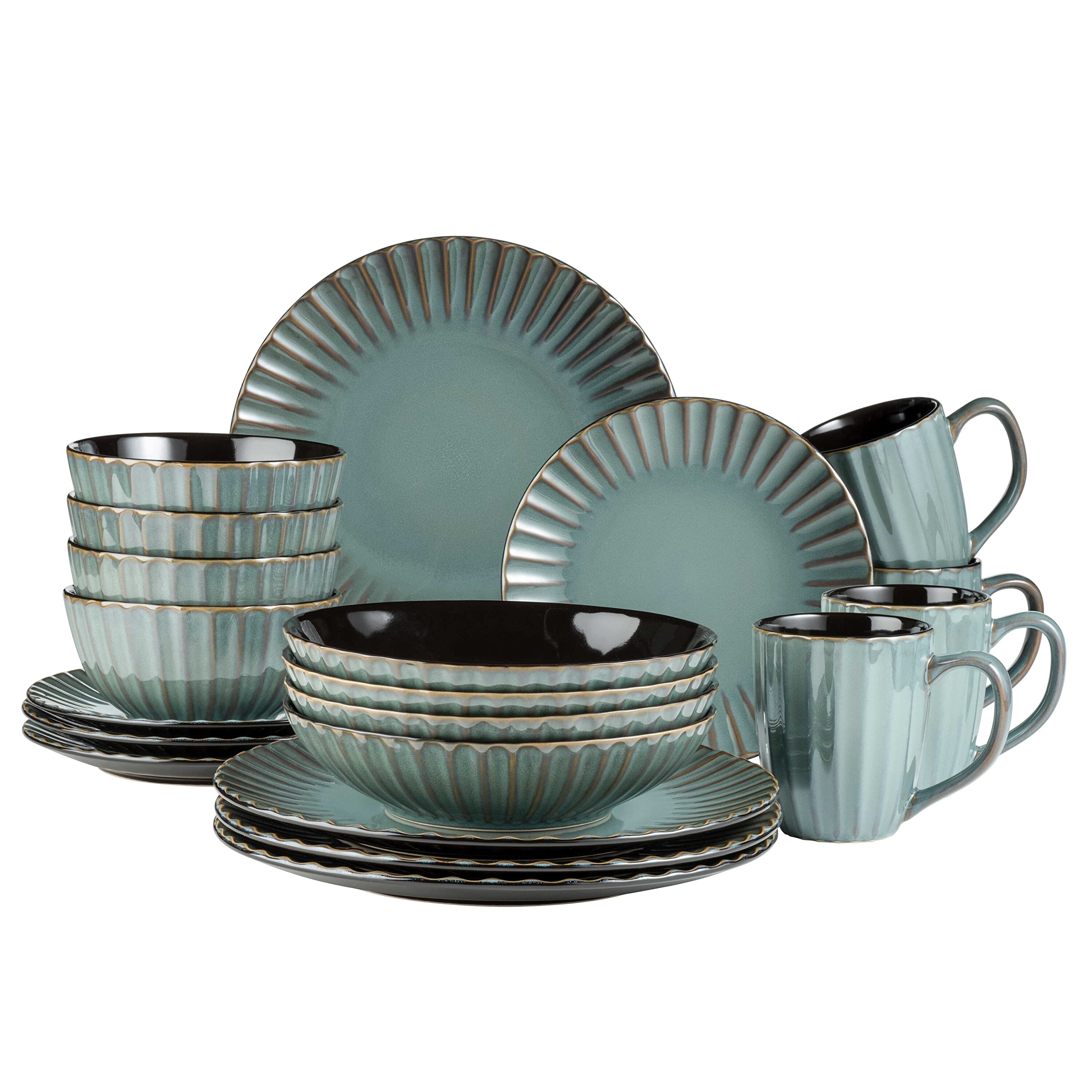MÄSER 931964 Série Confino Service de table pour 4 personnes au look vintage moderne 20 pièces en céramique bleu pétrole avec accents noirs