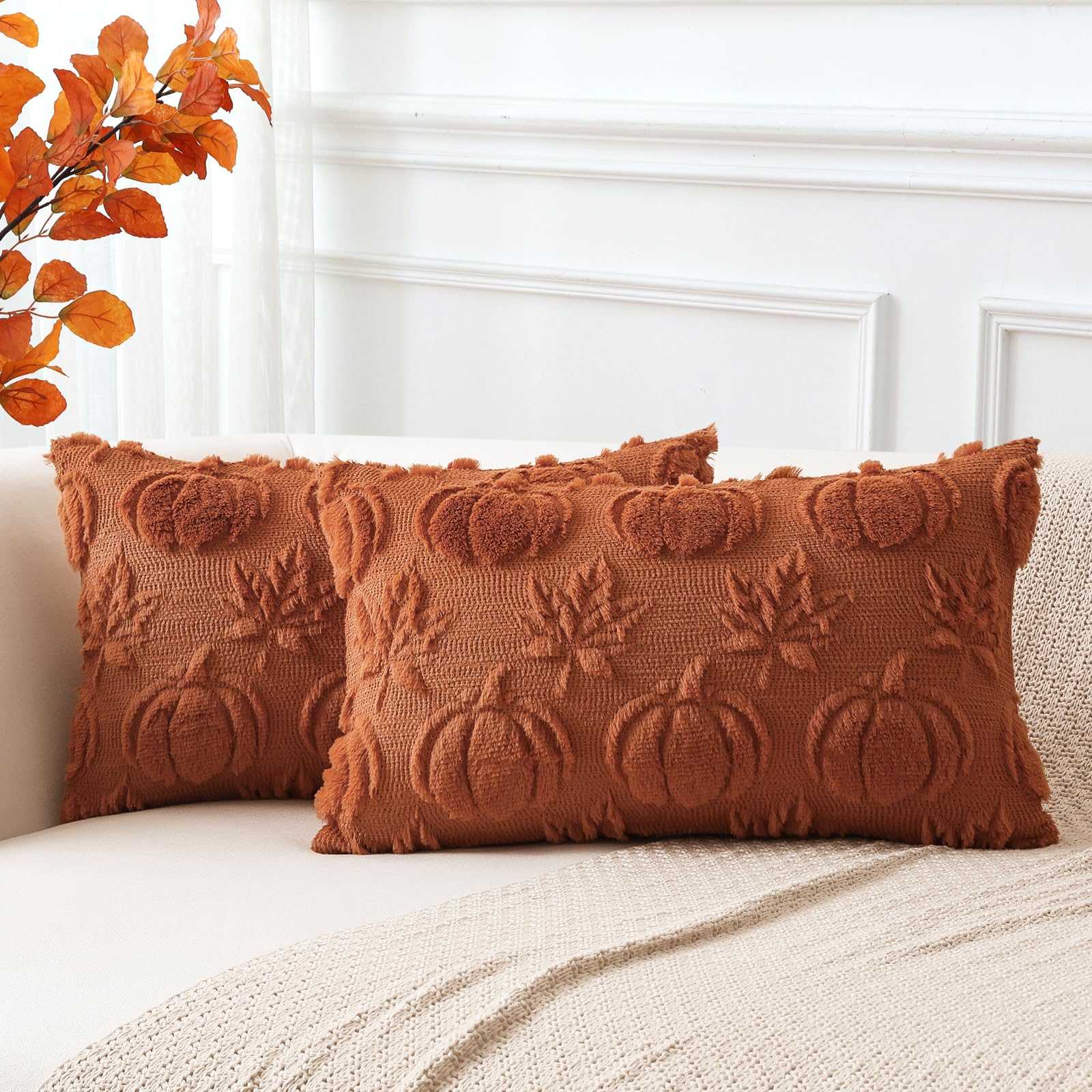 Artscope Fall Cushion Covers Set of 2 Autumn Pumpkin Maple Leaves Throw Pillow Covers for Sofa Couch Bed Living Room Soft Plush Short Wool Velvet Farmhouse Pillowcases for Party 30x50cm Rust — image 1
