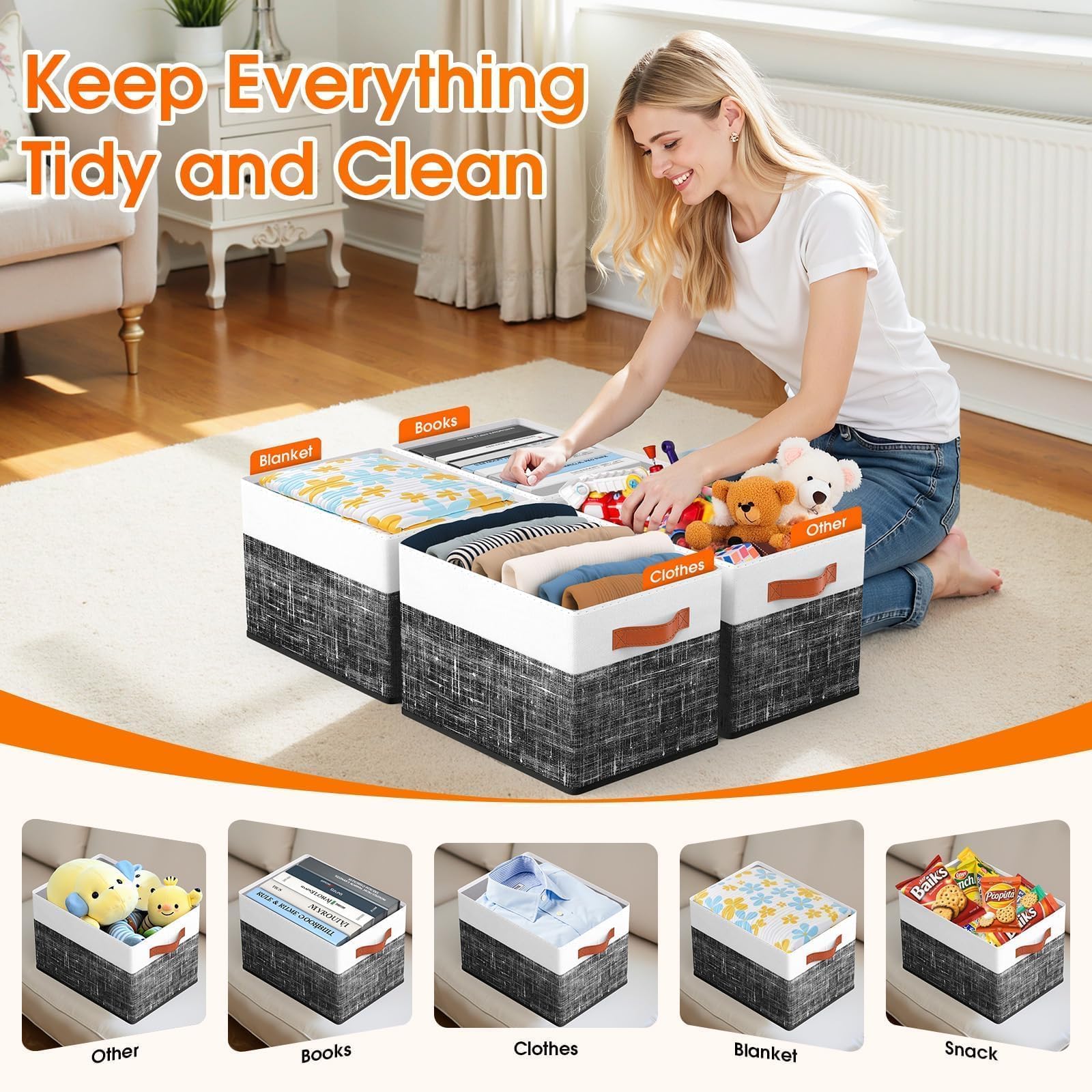 Fab totes Faltbare Aufbewahrungskörbe für Regale, 35,6 x 25,4 cm, 4 Stück, faltbare Stoff-Aufbewahrungskörbe mit doppelten Ledergriffen, große Körbe zum Organisieren von Spielzeug, Büchern, Kleidung
