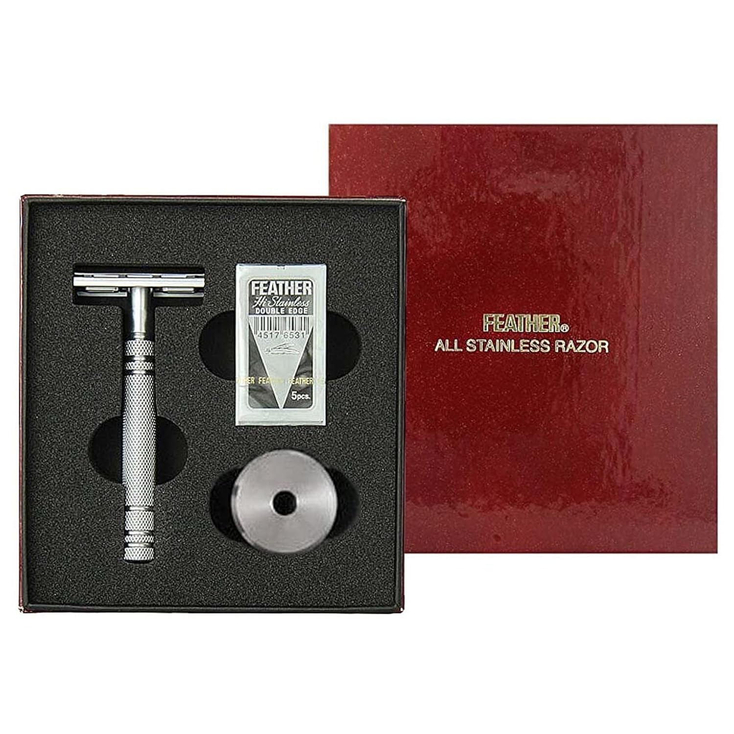 Feather - All Stainless Steel Double Edge Safety Razor AS-D2S - Single Edge Razor - Stainless Steel Stand & Handle with Perfect Weight & Balance - Includes 5 Blades - Made in Japan