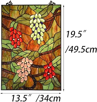 Bieye W10065 Grape Tiffany Style Stained Glass Window Hanging Panel, Rectangular Shape, 13.5 W x 19.5 H