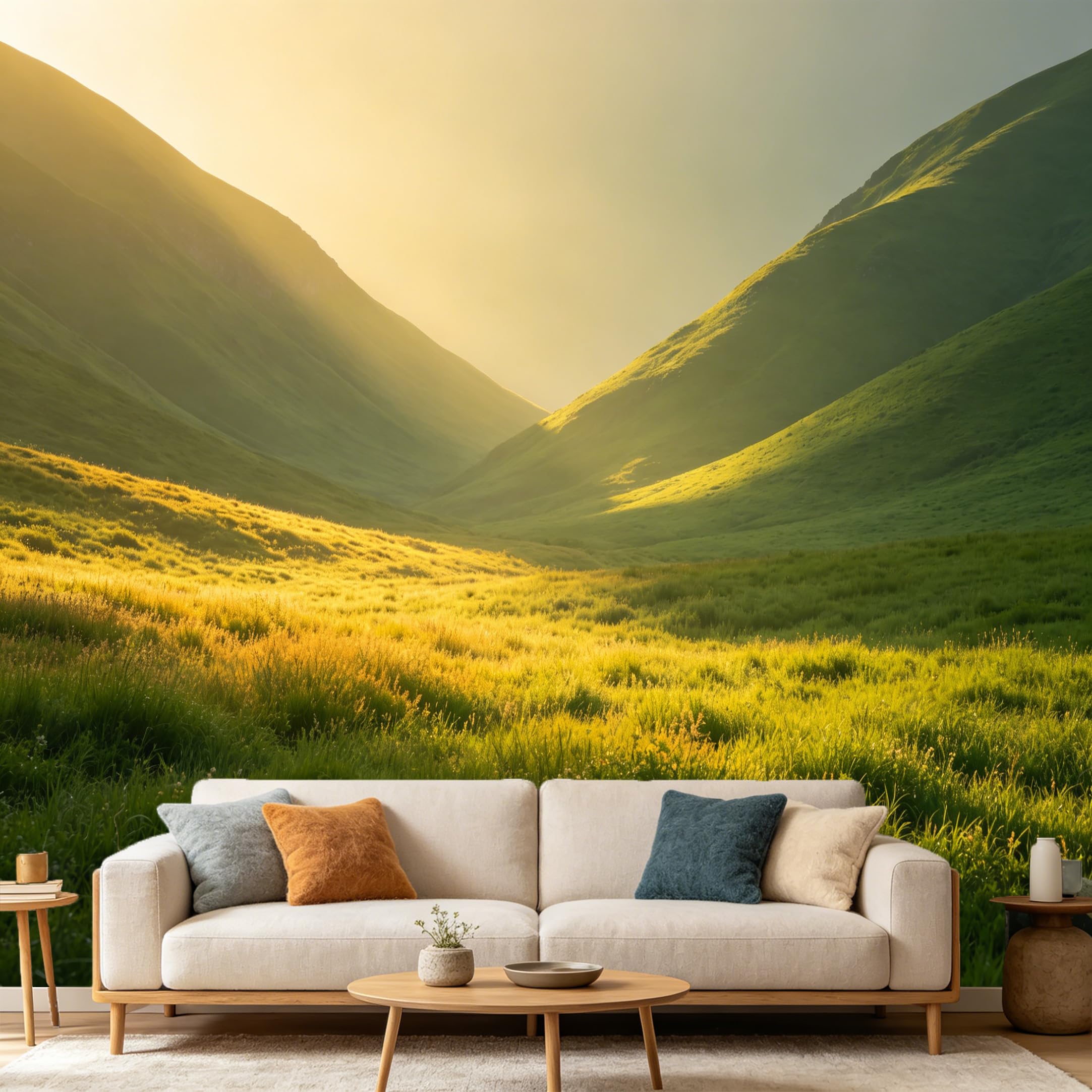 Custom Size Wall Mural Golden Sunset Mountain Valley Landscape Soft Green Meadow Hillside Scenery SelfAdhesive Art Prints wall Fabric（No PVC） Removable Wallpaper Home Bedroom Decor
