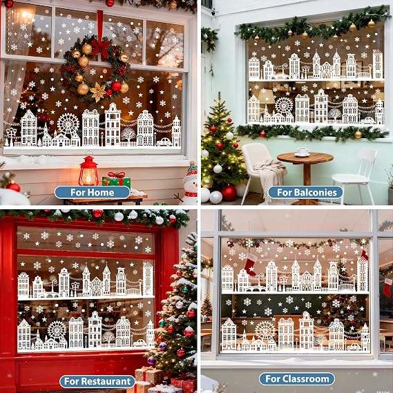 154 PCS Christmas Window Stickers, Christmas Window Clings Reusable Double Sided, PVC Static House Snowflake Window Decals White for Xmas Window Glass Door Decorations, 10 Sheets