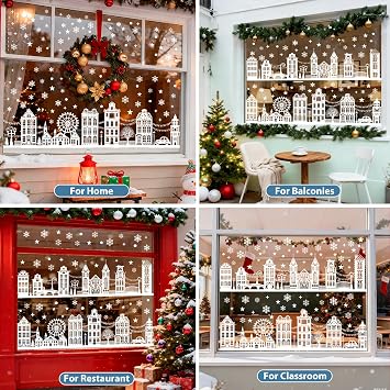 154 PCS Christmas Window Stickers, Christmas Window Clings Reusable Double Sided, PVC Static House Snowflake Window Decals White for Xmas Window Glass Door Decorations, 10 Sheets