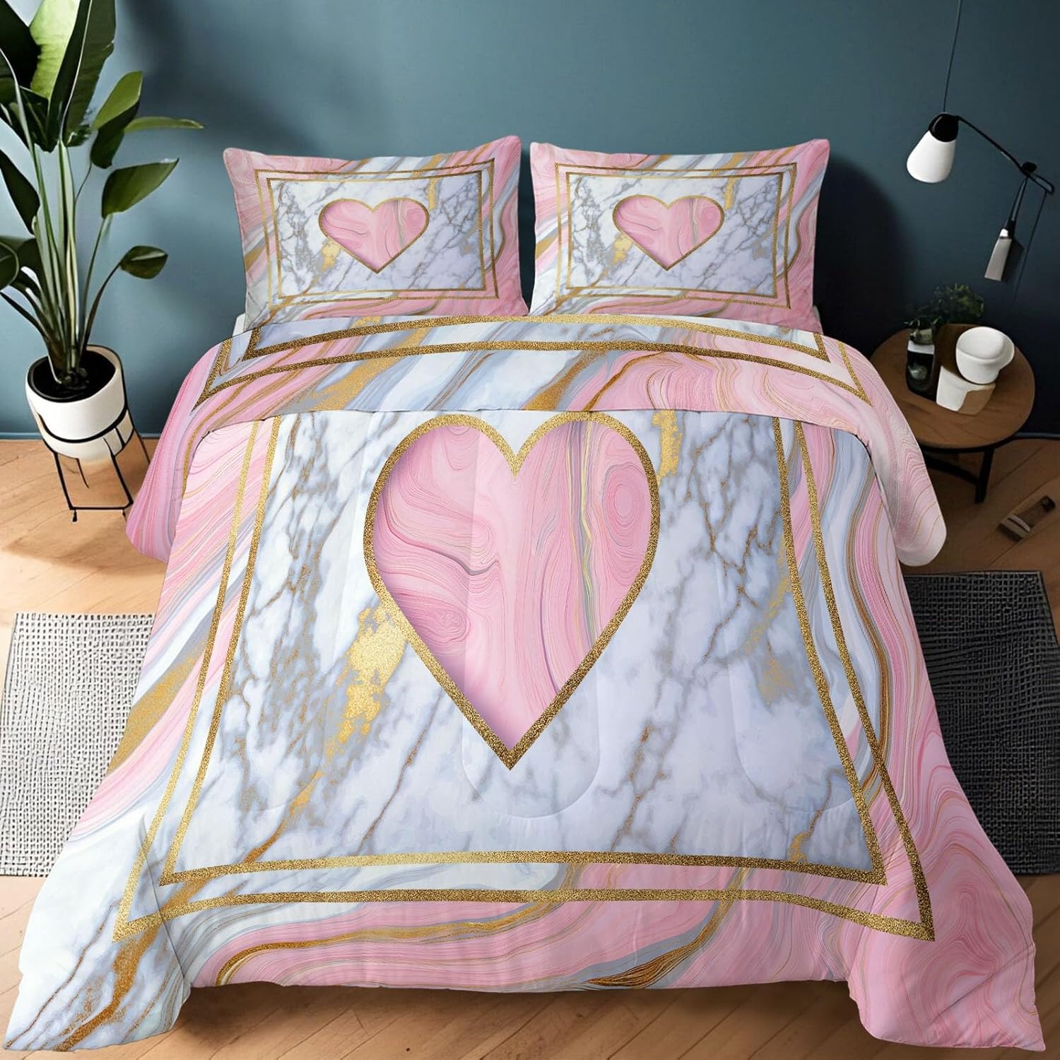 Bedding Set King Lightweight Soft 3 Piece Modern Marble Hearts Comforter Set with 2 Pillow Covers, Quilt Breathable Gray-Pink Comforter (104" x 90") for Girls Boys Kids