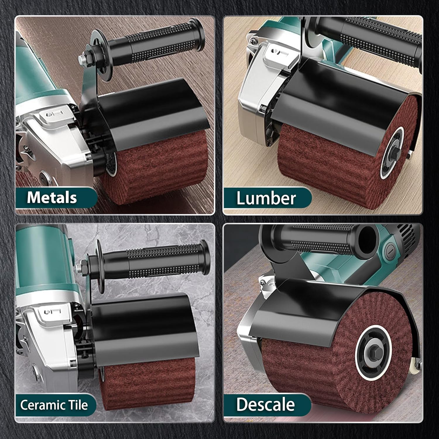 Examples of polishing applications: Metals, Lumber, Ceramic Tile, Descale