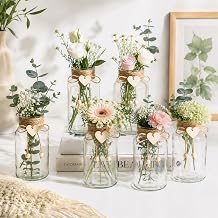 JSPYFITS Vintage Glass Flower Vase, Farmhouse Glass Vases with Rope/Heart Label Centerpiece Vases Mason Jars for Weddings with DIY Accessories for Parties & Home Decor Bulk 6PCS