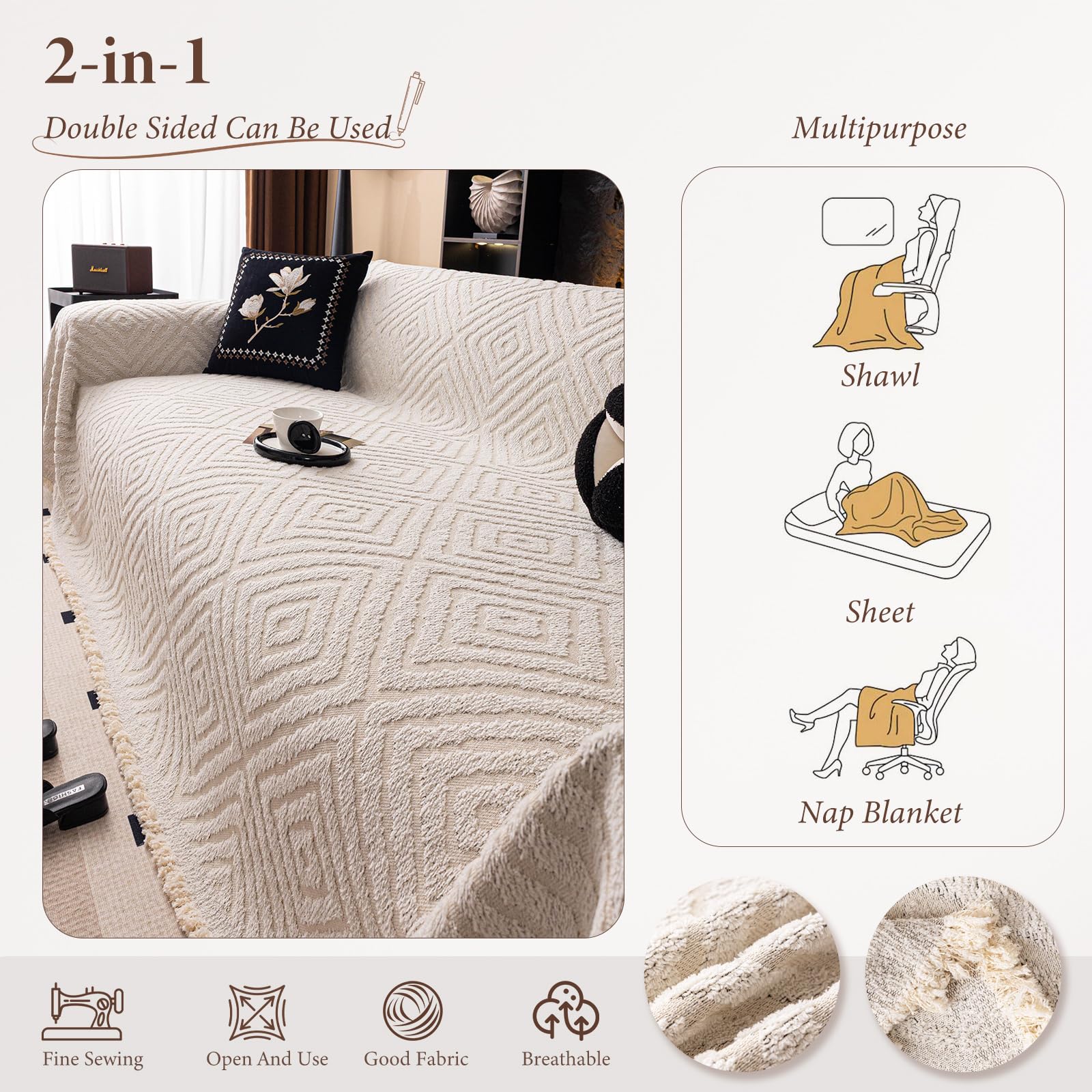 Housse de Canapé Réversible, Couverture Canapé Moderne Double Face en Polyester, Grand Plaid Motif Géométrique Élégant, Chaud et Doux pour Salon, Chambre 180 * 360cm-Beige