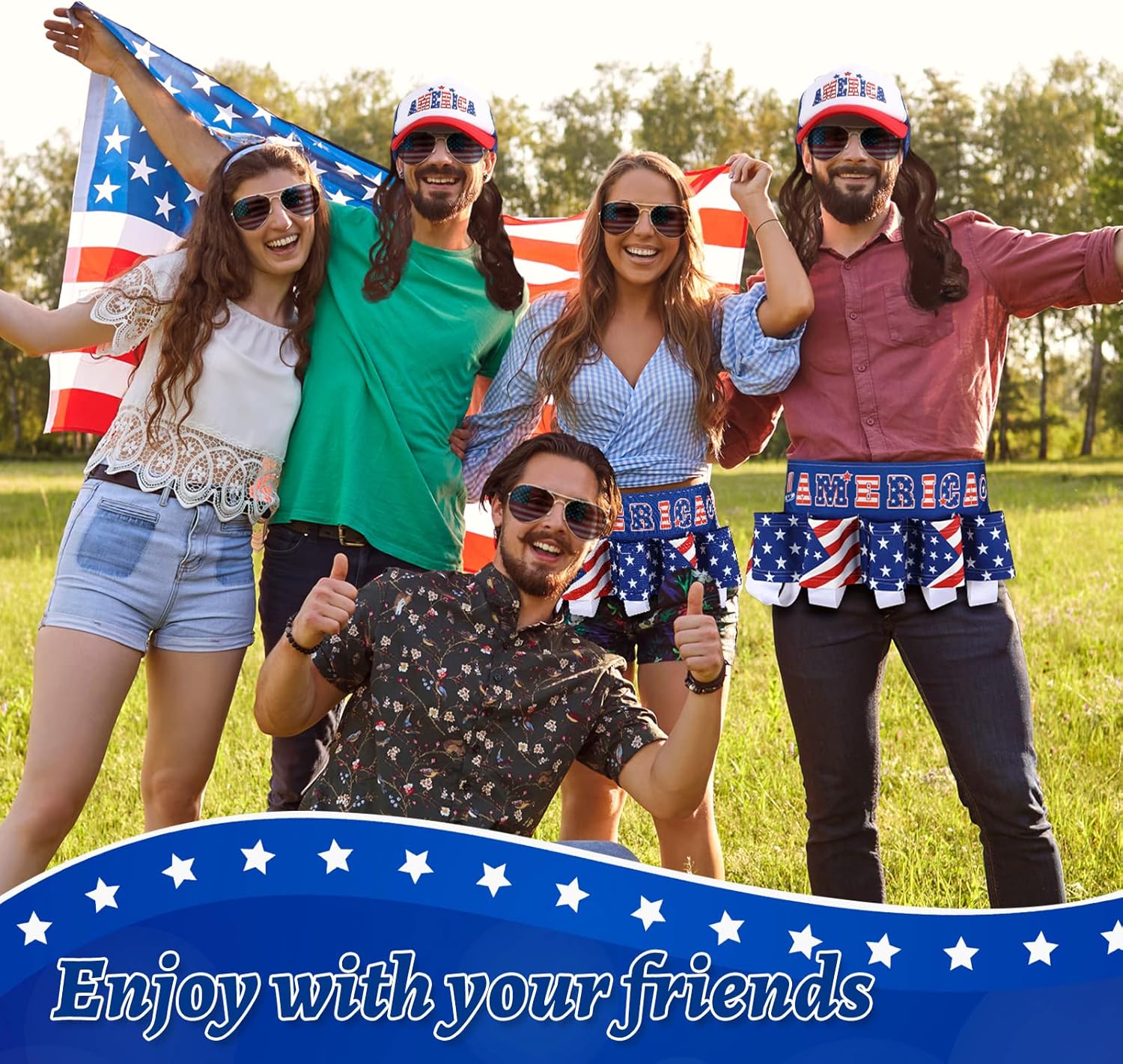 Mepase 5 Pcs 4th of July Costume Set Men's Shorts Shirt Outfits Patriotic Mullet Wigs and Beverage Beer Belt American Flag Sunglasses Independence Day Costume Accessories for Men Women