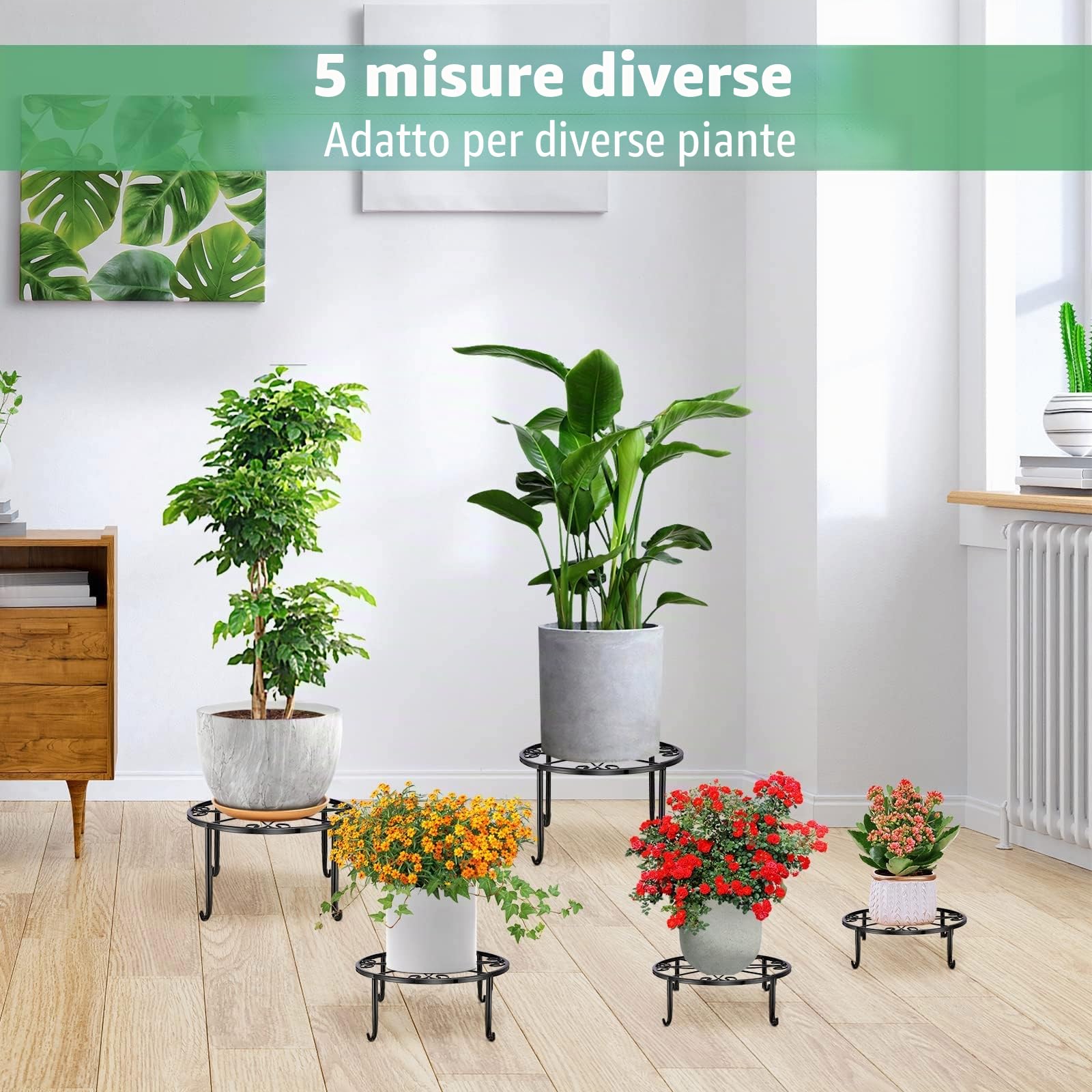 MUAEEOK Confezione da 5 supporti in metallo per piante da interni ed esterni, resistenti supporti per vasi da fiori per più piante, in ferro antiruggine, per fioriere, supporto per piante in vaso per