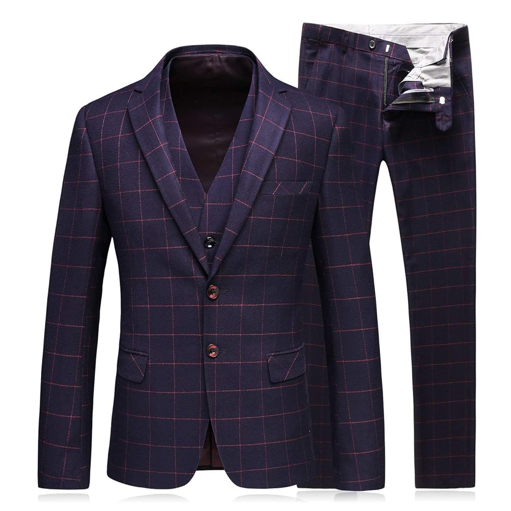 YZHEN Men's Suit Checked Notch Lapel Two Button Jacket Vest