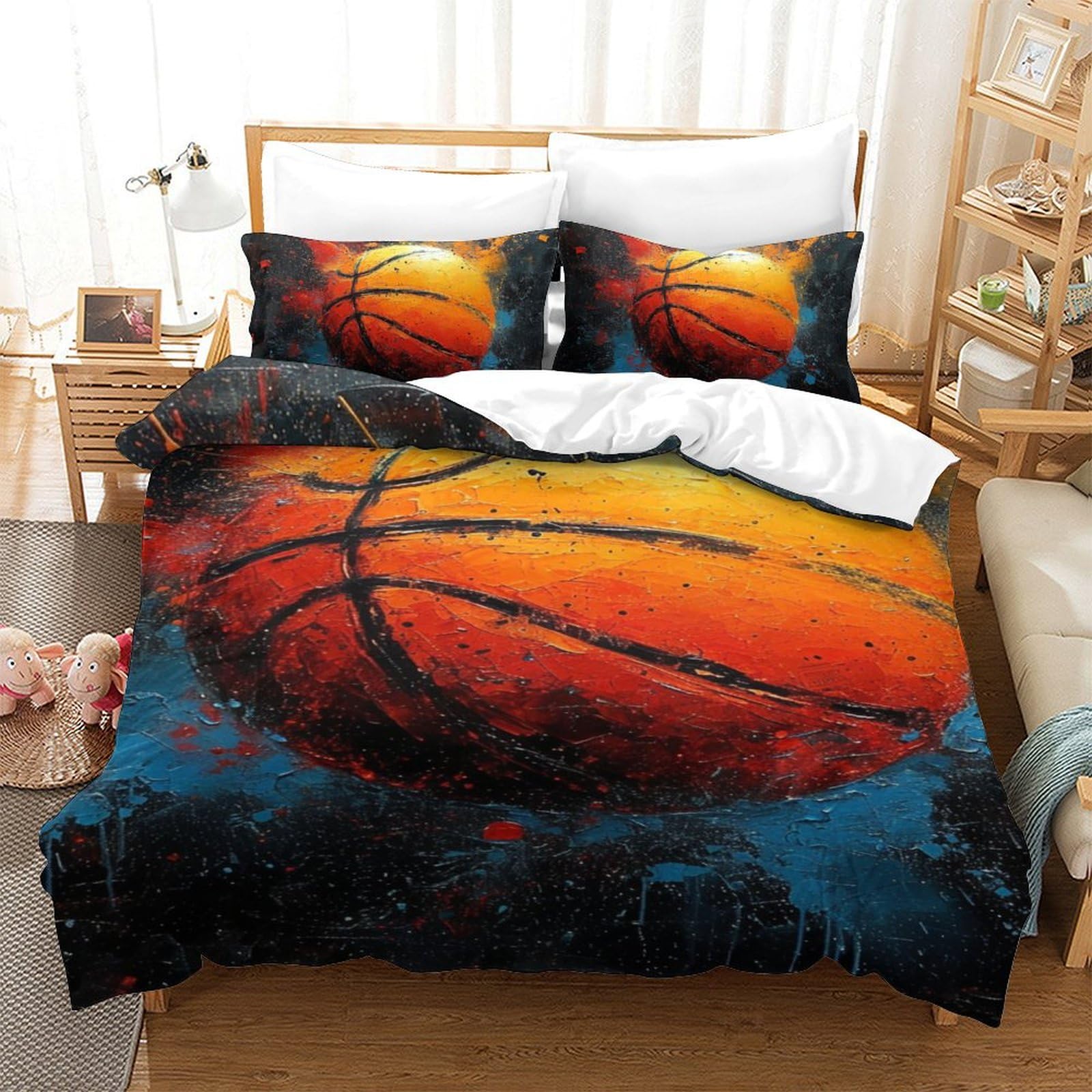 Parure de lit basketball 3D en microfibre avec housse de couette 140x200 et taies d'oreiller