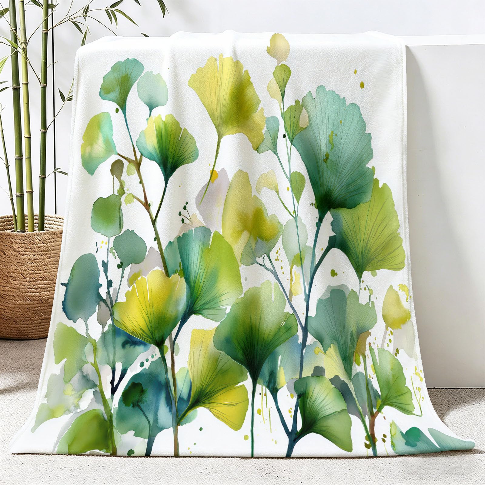 Narzuta z polaru flanelowego, akwarelowa, podwójna, 200 x 220 cm, naturalne liście miłorzębu, miękki, przytulny, flanelowy, narzuta na łóżko i kanapę, lekka pościel dla dzieci i dorosłych, zielony