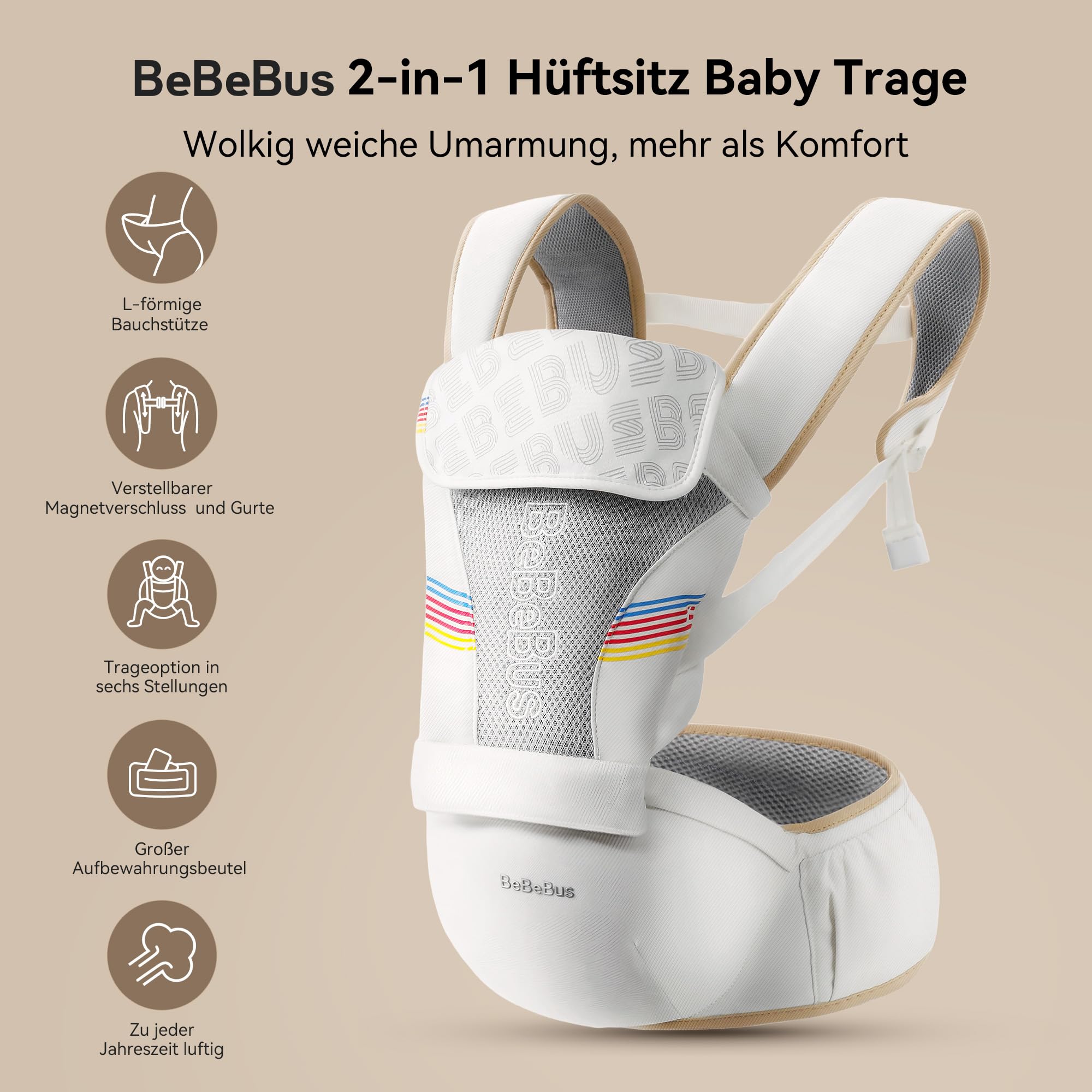 Babytrage mit Hüftkissen, 2-in-1 Verstellbar & Abnehmbar, Atmungsaktiv, Lendenstütze, für Neugeborene & Kleinkinder bis 20 kg