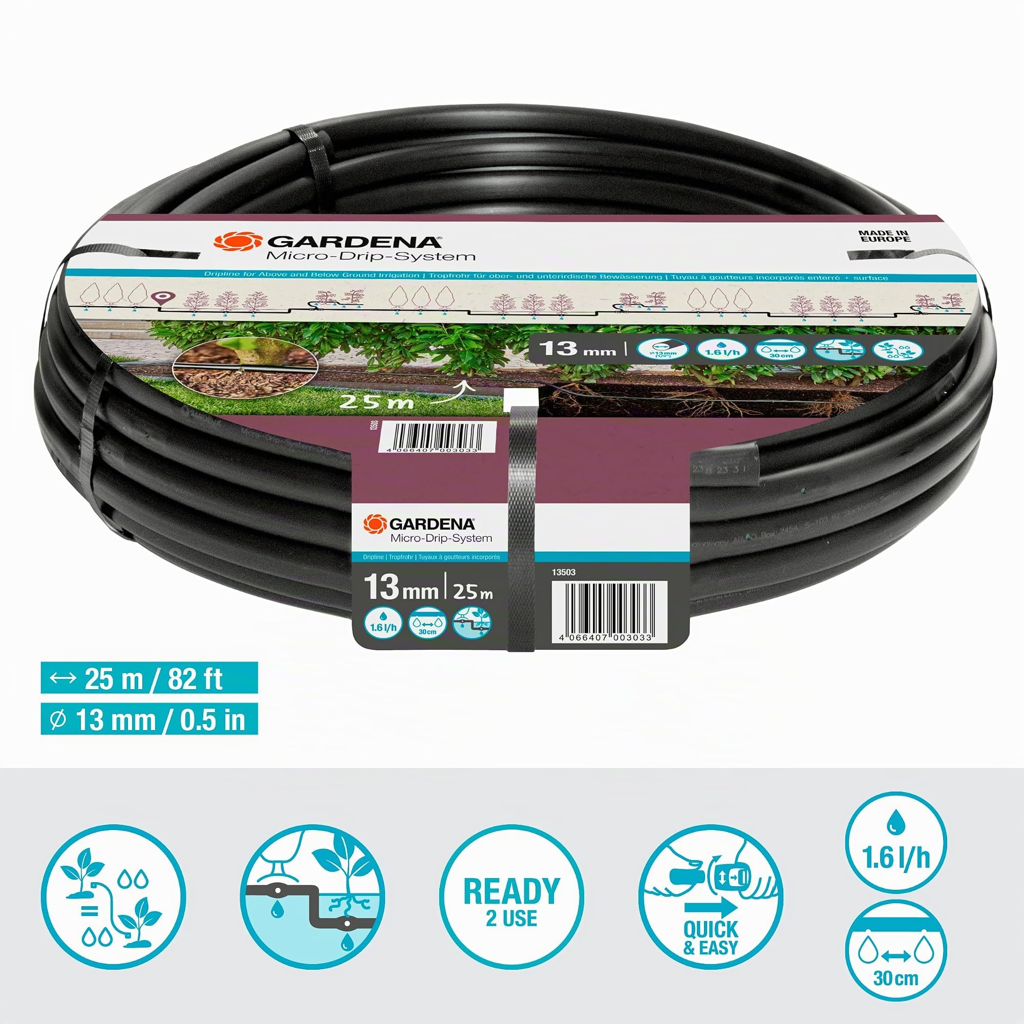 Gardena Micro-Drip-System Tubo gocciolante 1,6 l/h, posa interrata o in superficie (25 m): prolunga per sistema irrigazione a risparmio idrico, tecnica collegamento semplice flessibile (13503-20)