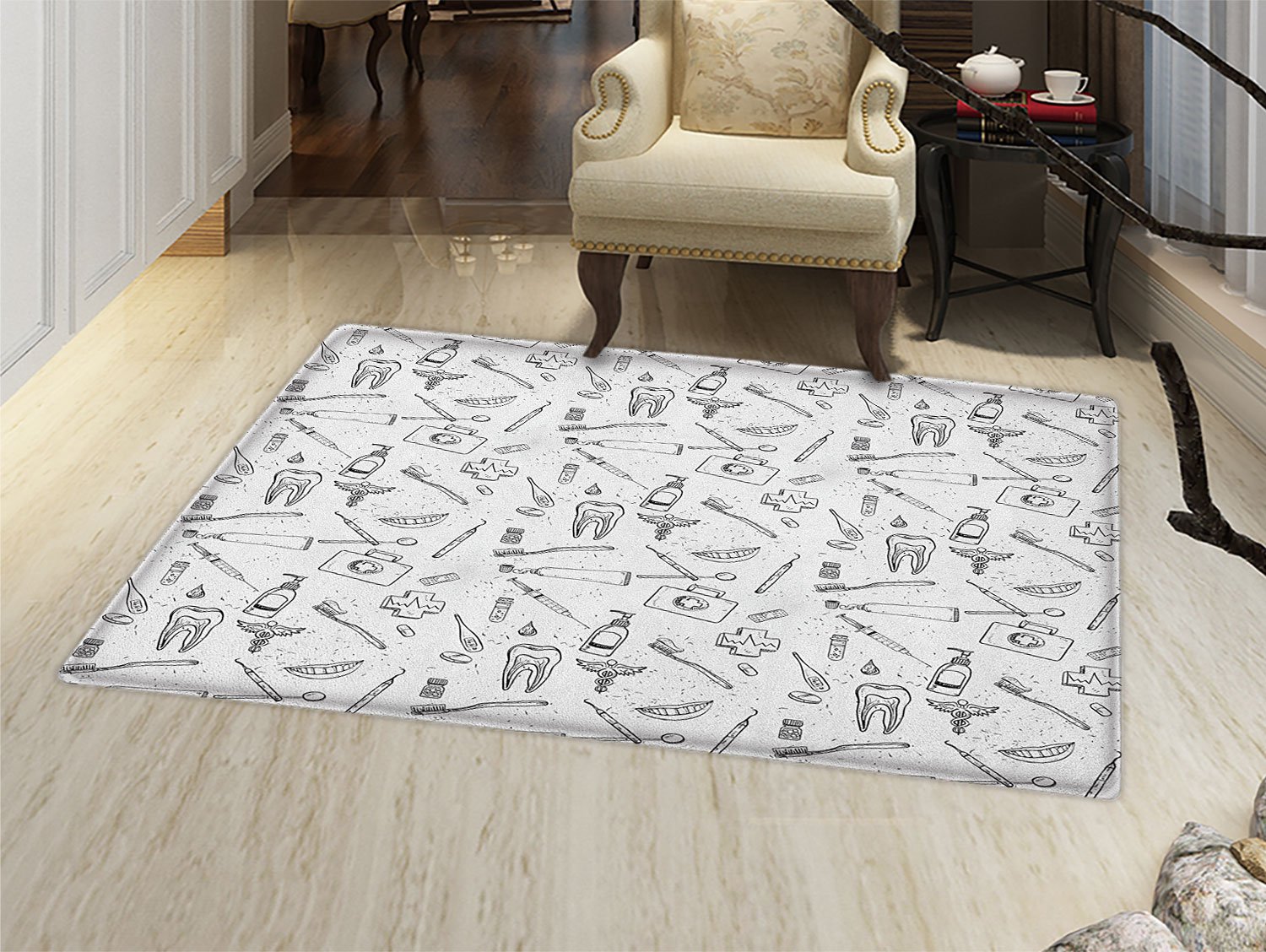 smallbeefly Doodle Bath Mats for floors Hand Drawn Style Medical Pattern with Dental Hygiene Theme Teeth Care Cleaning Door Mat indoors Bathroom Mats Non Slip Black and White