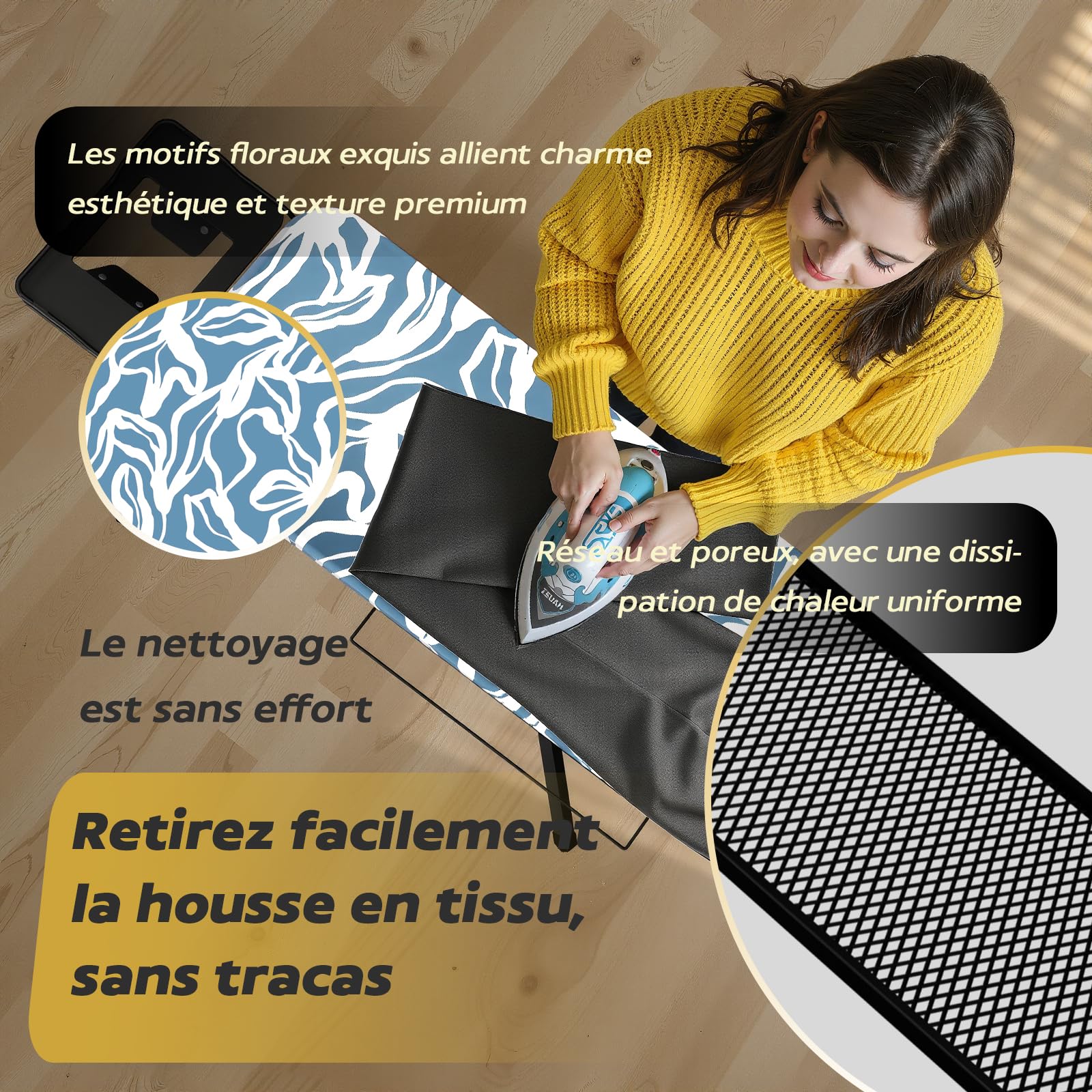 TEENO Table à Repasser Pliable 122 x 38 cm,pour Centrale Vapeur,Verrouillage Sécurisé,7 Réglages De Hauteur, Housse en Coton 100%,Universel pour La Maison/La Laverie(Bleu à Motifs)