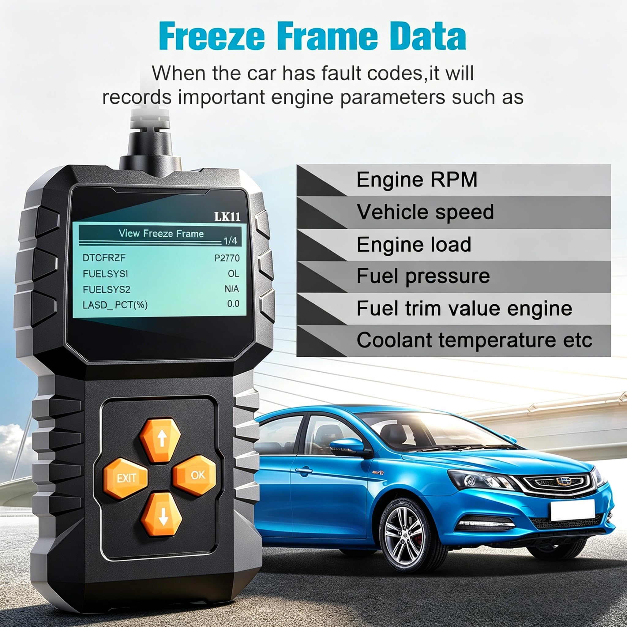 OBD2 Escáner fácil de configurar Plug-Play: código de error de restablecimiento del motor profesional lector de códigos herramientas de escaneo de diagnóstico con marco congelado/preparación I/M para