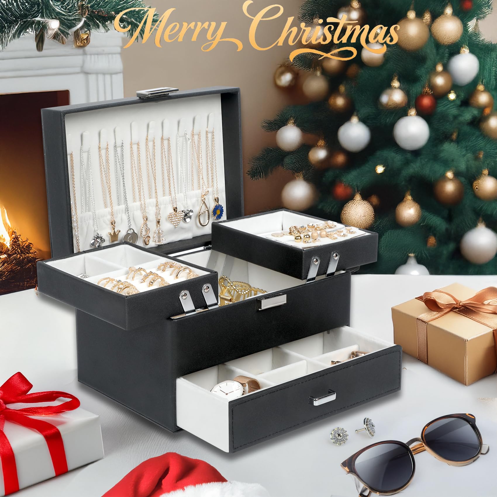 Dajasan Jewelry Boxes for Women Girls, Jewelry Organizer Box, 3 Layers Jewelry Storage Organizer for Earring, Ring, Necklace, Bracelets (Black)