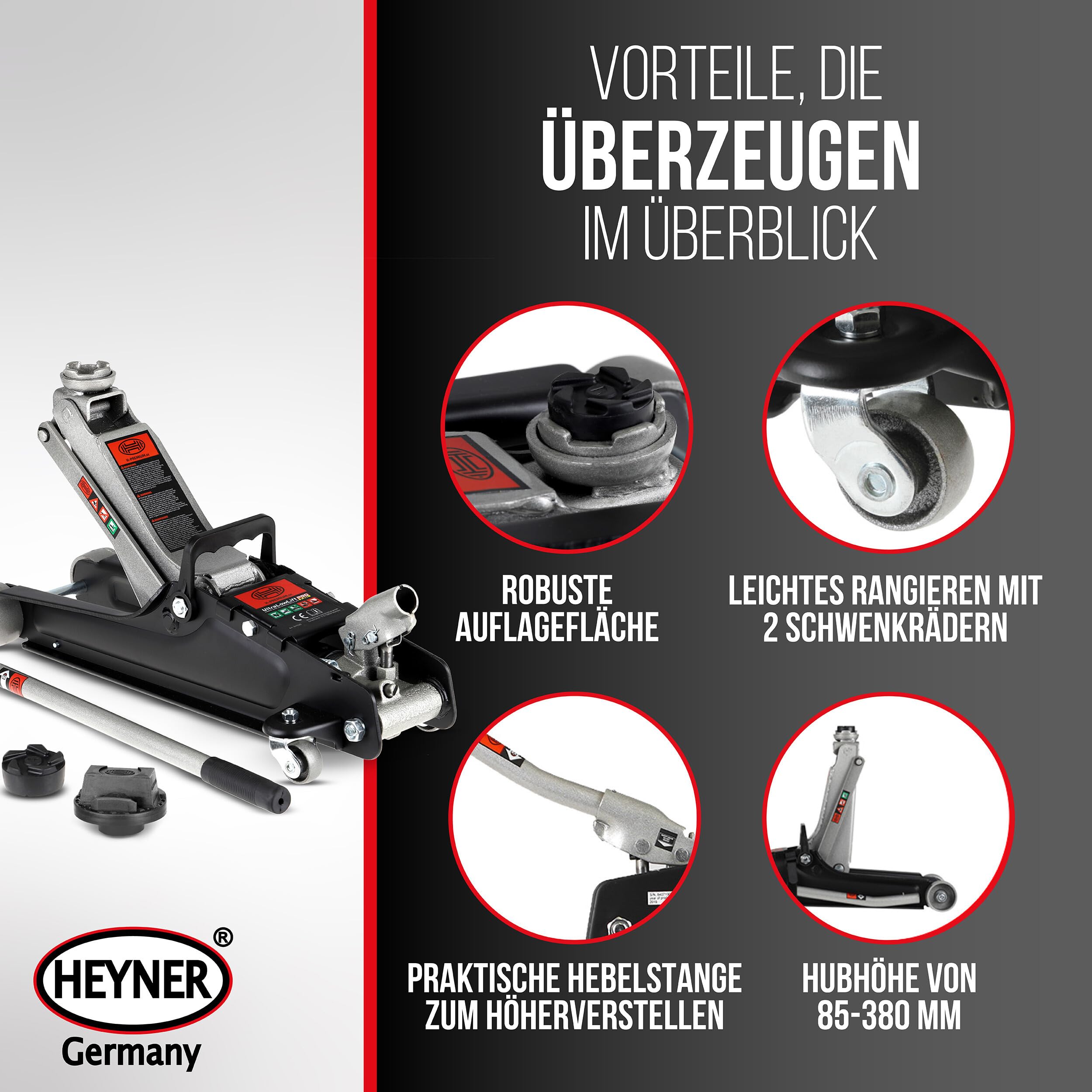 HEYNER® Zestaw hydraulicznych podnośników manewrowych 2,25 t – wyjątkowo płaski (85–380 mm), 2 koła obrotowe, gumowe talerze o średnicy 45 mm, w zestawie gumowa podkładka do samochodów marki Mercedes,