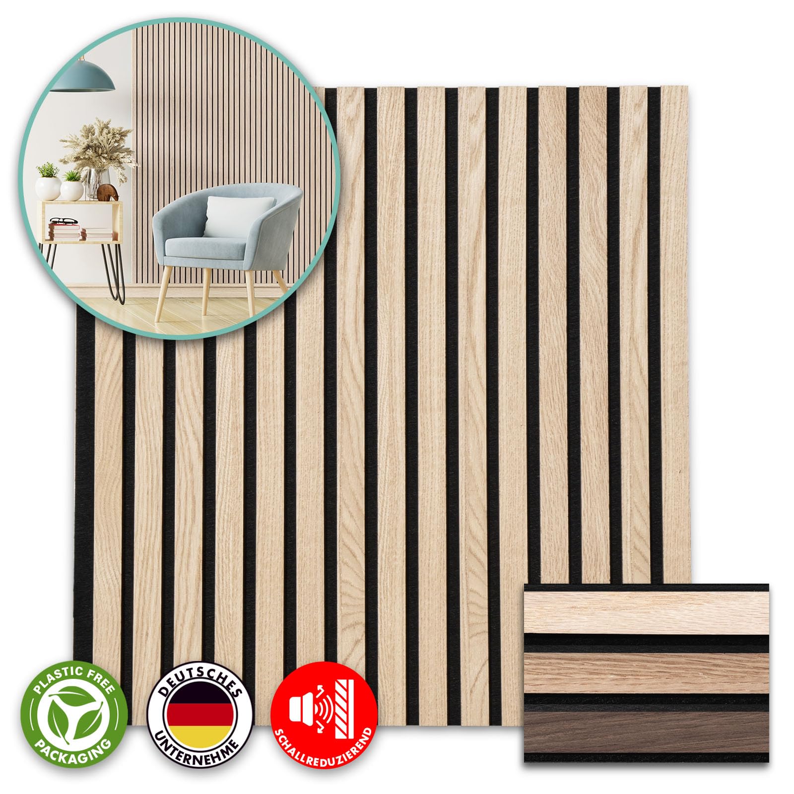 etm Panneaux acoustiques - 60 x 60 cm - Panneaux muraux avec placage en Bois véritable - Revêtement Mural - Panneau Acoustique en Feutre - Feutre Acoustique (White Oak)
