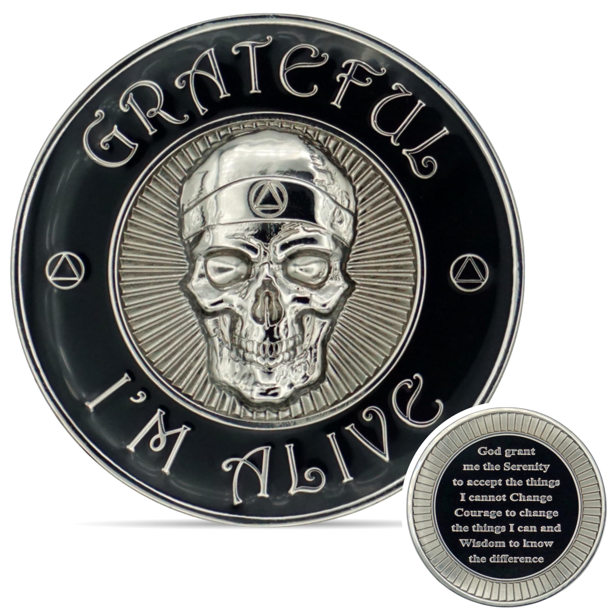 Grateful I'm Alive Sobriety Coin, 3D Sculpted Skull AA Chip Medallion, Alcoholics Anonymous Serenity Prayer AA Coin, Recovery Affirmation Sobriety