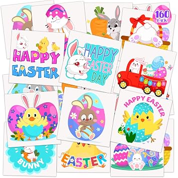 Easter Basket Stuffers for Kids 160PCS Temporary Easter Tattoos for Kids 2 Inch Fake Tattoo Stickers Easter Goodie Bag Fillers Easter Decorations Party Favors Supplies for Boys Girls