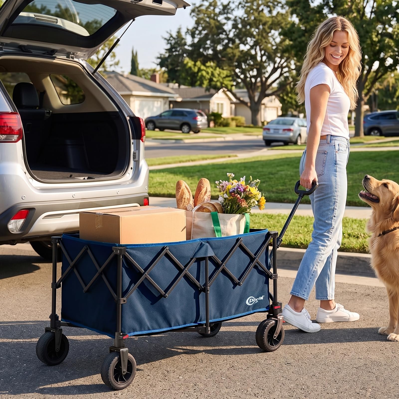 Portal Carro de Playa Plegable 300L XXL Carrito de Camping con Frenos y Mango Ajustable Vagoneta de Jardín Resistente Carga 150KG Ruedas para Festivales Picnic y Transporte