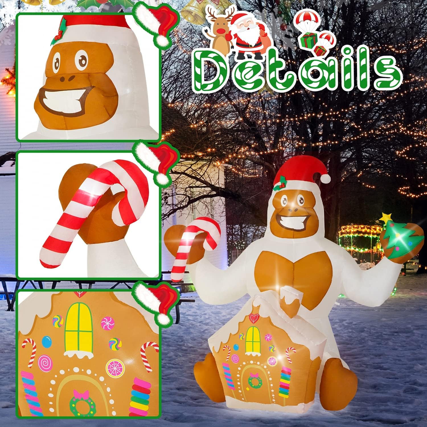 Rocinha 5.9 FT Christmas Inflatables Abominable Snowman Inflatable Gingerbread House with Christmas Tree and Candy Cane, Christmas Blow Up Yard Decorations with LED Lights