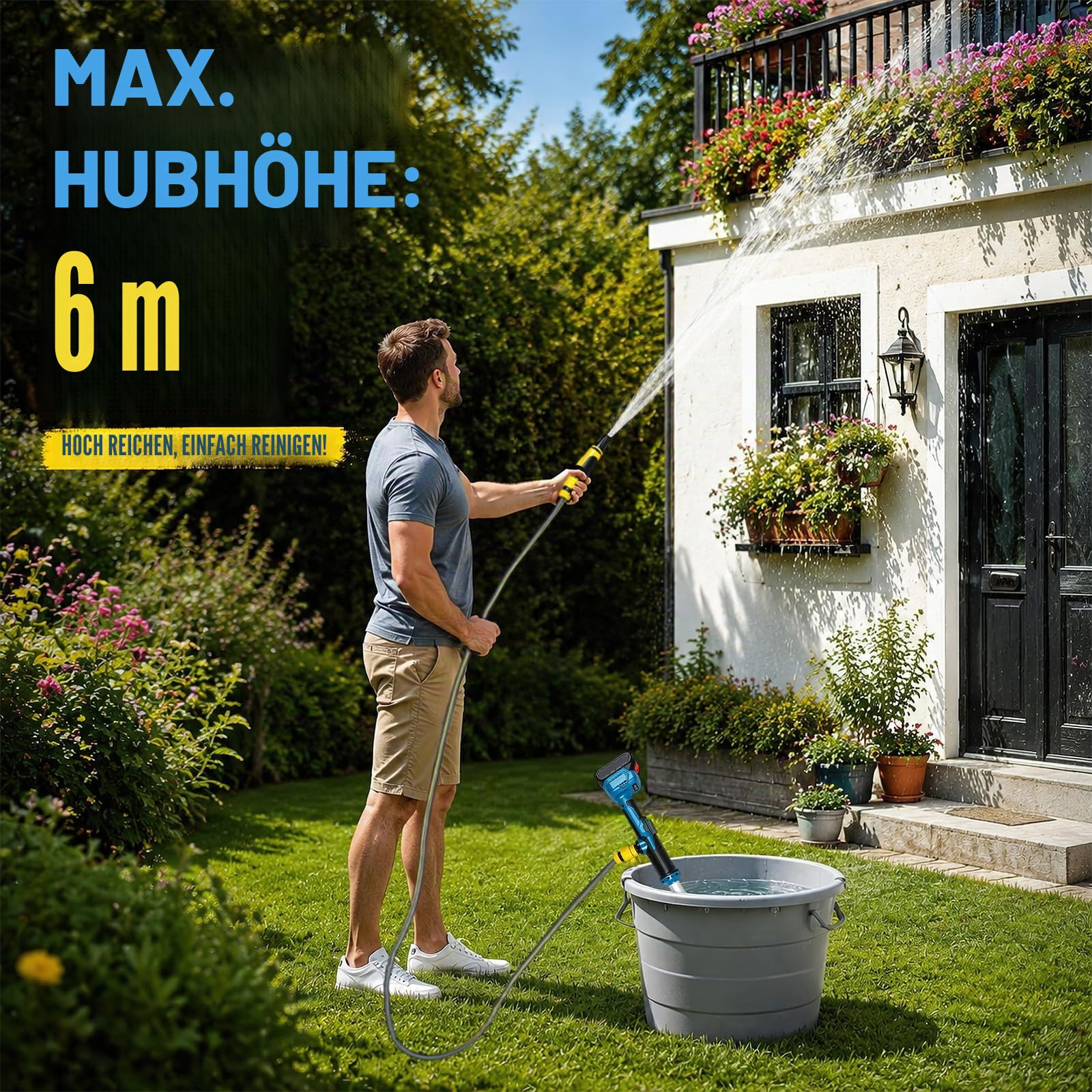 Akku Regenfasspumpe Kompatibel mit Makita 18V, Kabellose Stab-Wassertransferpumpe 3000 L/h, 6m Förderhöhe,Bürstenlos Tragbare Sumpfpumpe Für Pool/Garten/Teich/Wohnmobil/Boot (2 Akku)