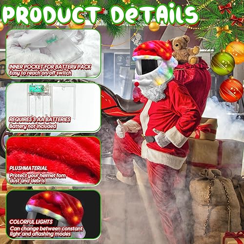 Miniatura 3 de Cubierta de casco de motocicleta de Papá Noel extragrande con luz para decoración de sombrero de 30 x 15.8 pulgadas para hombres y mujeres, regalos