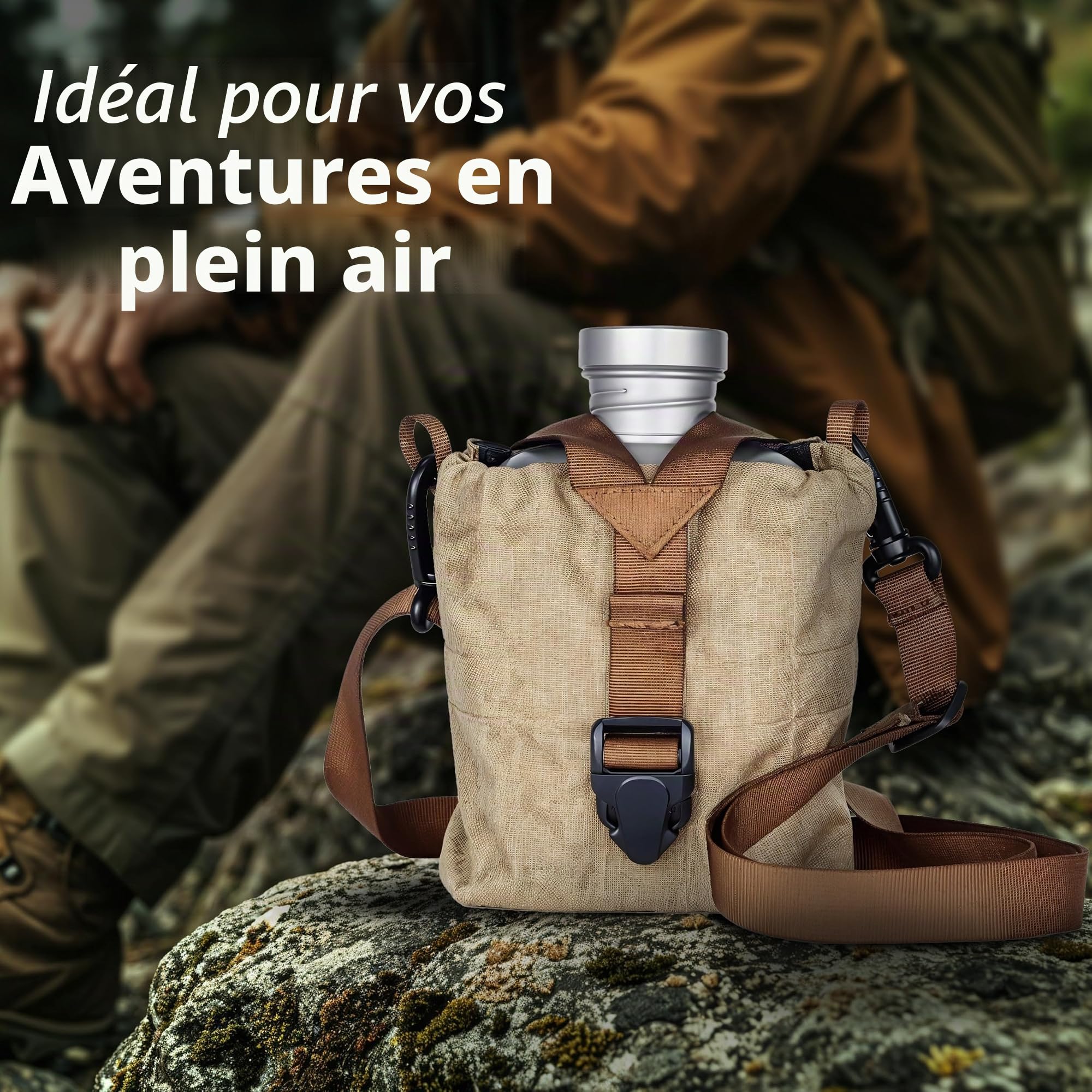 Keith Titanium Cantine Militaire avec Sac Camouflage, Ti3060, Durable, Bouteille 1100 ml + Tasse 700 ml avec Couvercle et Poignées Pliables, Parfait pour Randonnée, Camping et Activités en Plein Air