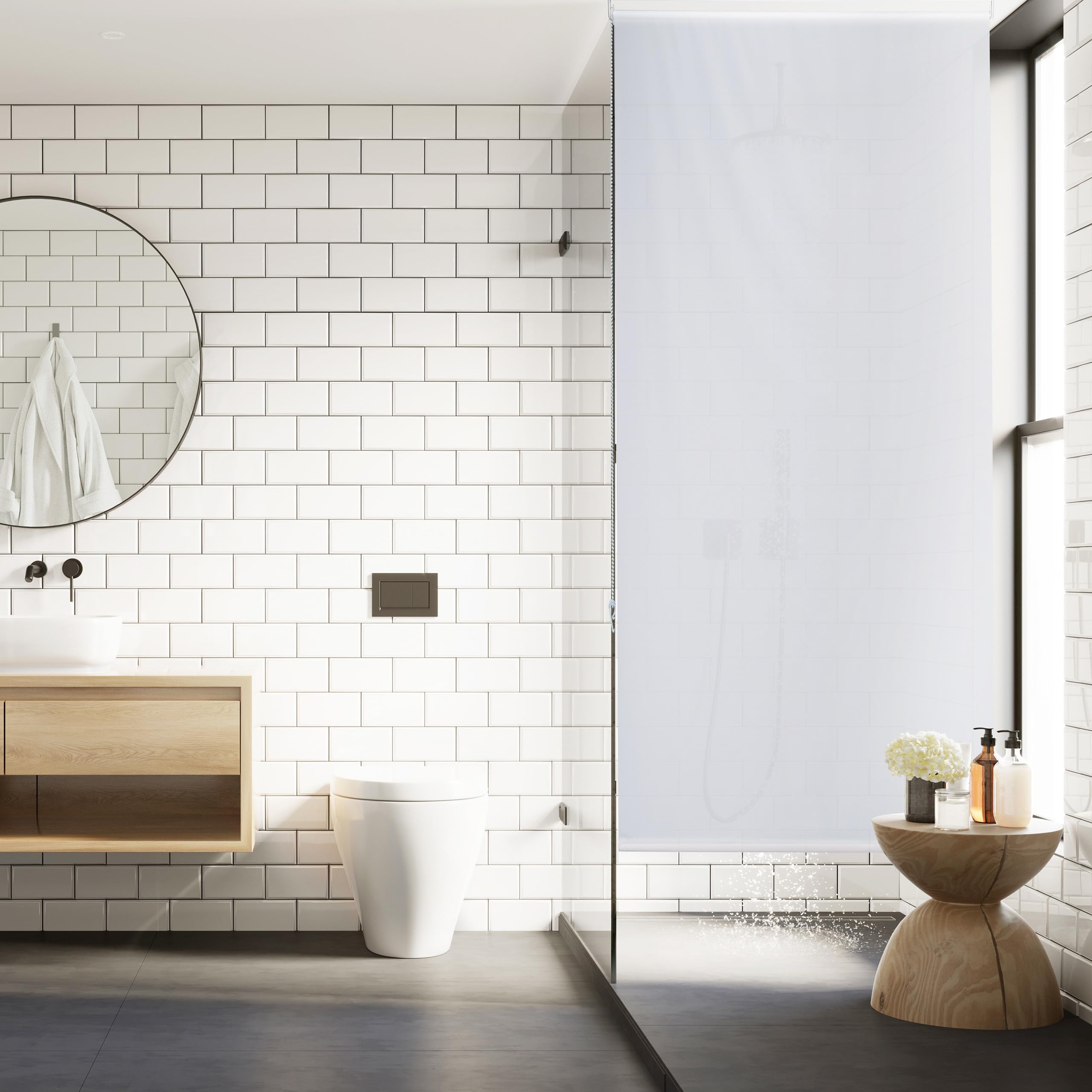 Relaxdays Duschrollo, 140x240 cm, Seilzugrollo für Dusche & Badewanne, Decke & Fenster, Badrollo wasserabweisend, weiß