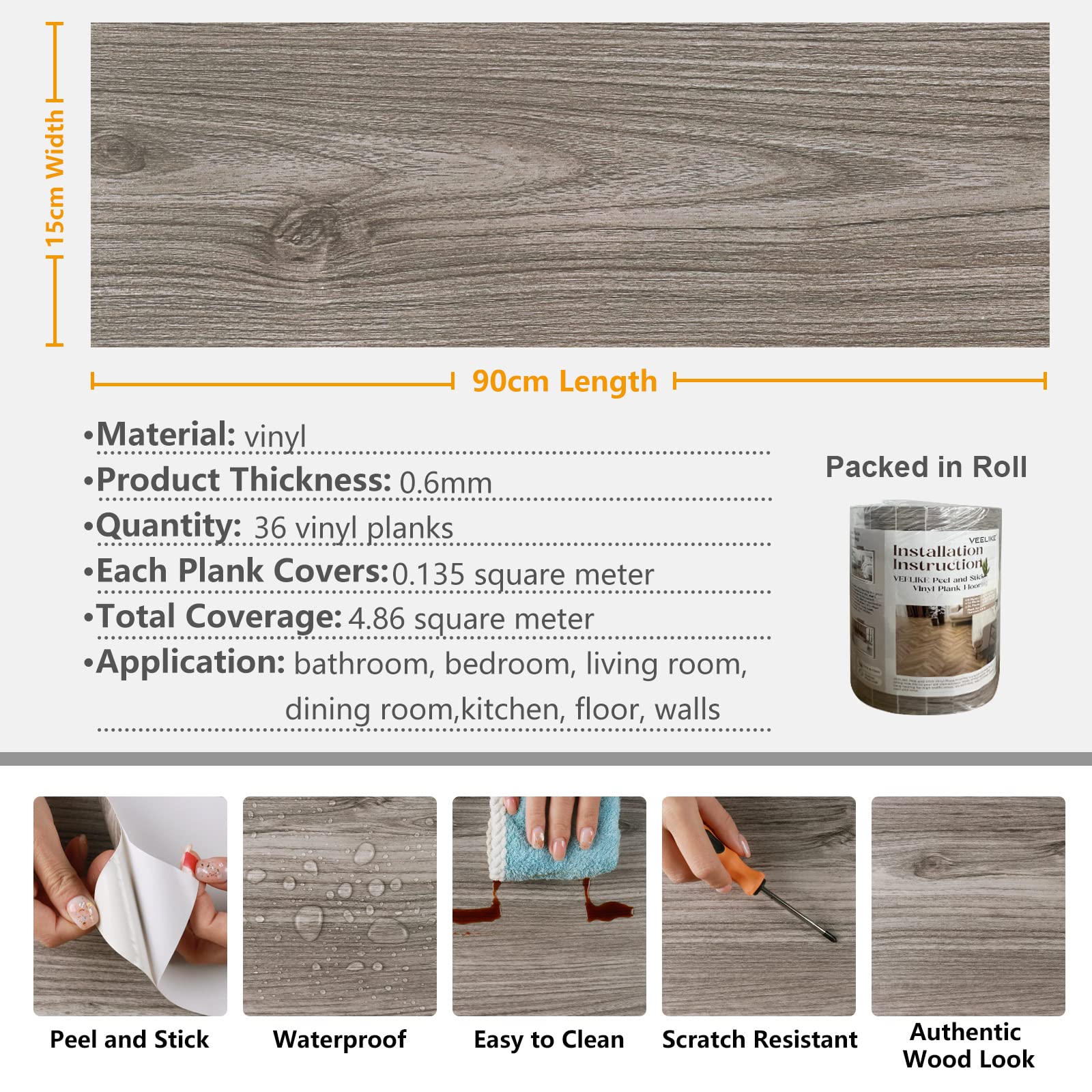 VEELIKE Piastrelle Adesive Pavimento Grigio Pavimento PVC Adesivo Effetto Legno Mattonelle Adesive Cucina Adesivi per Piastrelle Pavimento Bagno Pavimenti in PVC Rotoli Soggiorno 90cm×15cm 36 Pezzi