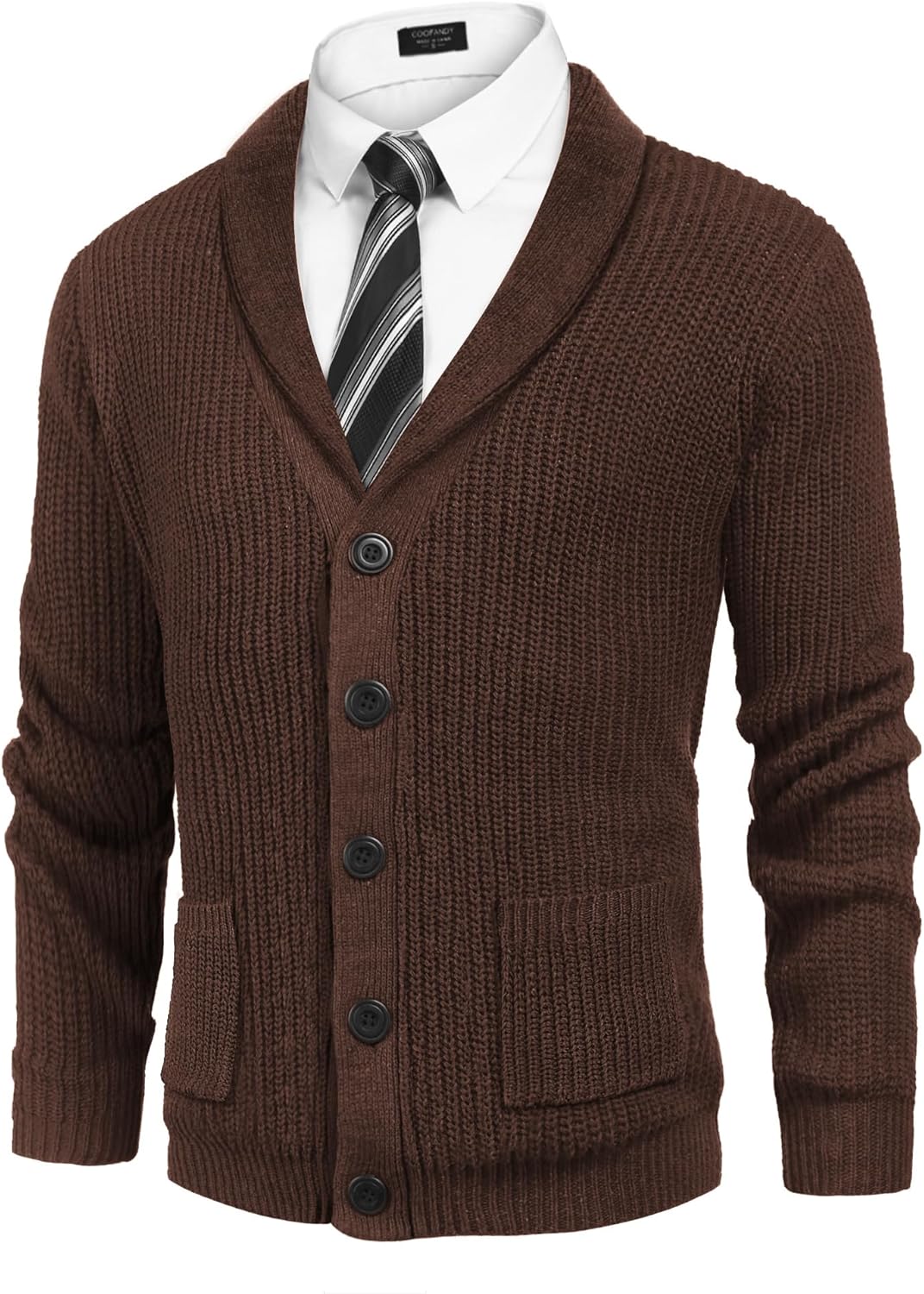 COOFANDY Men’s Shawl Collar Cardigan Sweater Slim Fit Cable Knit Button up Sweater with Pockets