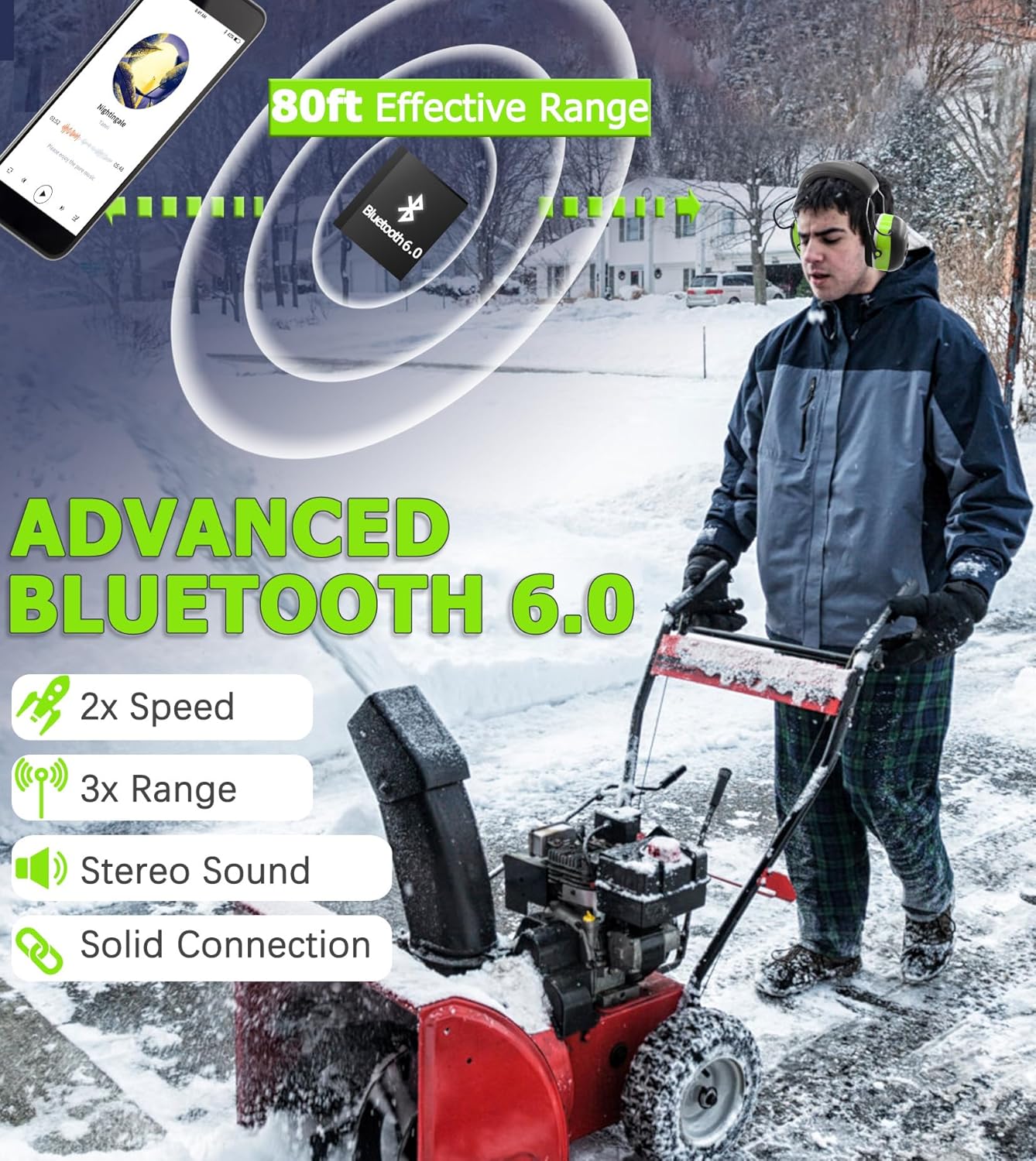 PROHEAR 037 Bluetooth 6.0 Hearing Protection Headphones with Rechargeable 1500mAh Battery, 30dB SNR Safety Noise Reduction Ear Muffs 120H Playtime for Mowing, Workshops, Snowblowing - Green - Image 5