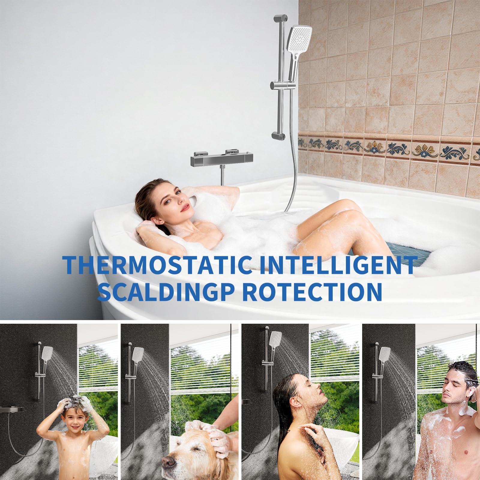 Grifo termostático de ducha con tope de seguridad de 38 °C, conector de 15 cm, grifo mezclador para ducha, sistema de ducha de latón
