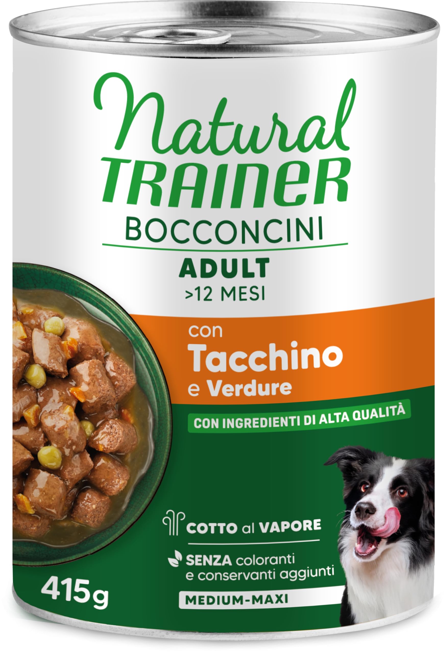 Natural Trainer Bocconcini Adult con Tacchino e Verdure, per Cani Medium-Maxi, 12 Scatolette da 415g