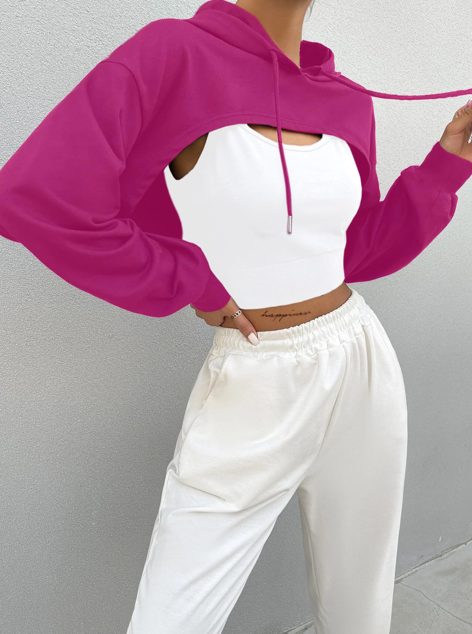 Hilinker Women's Long Sleeve Cropped Hoodie Workout Drawstring Super Crop Tops without Camisole: Small Hot Pink