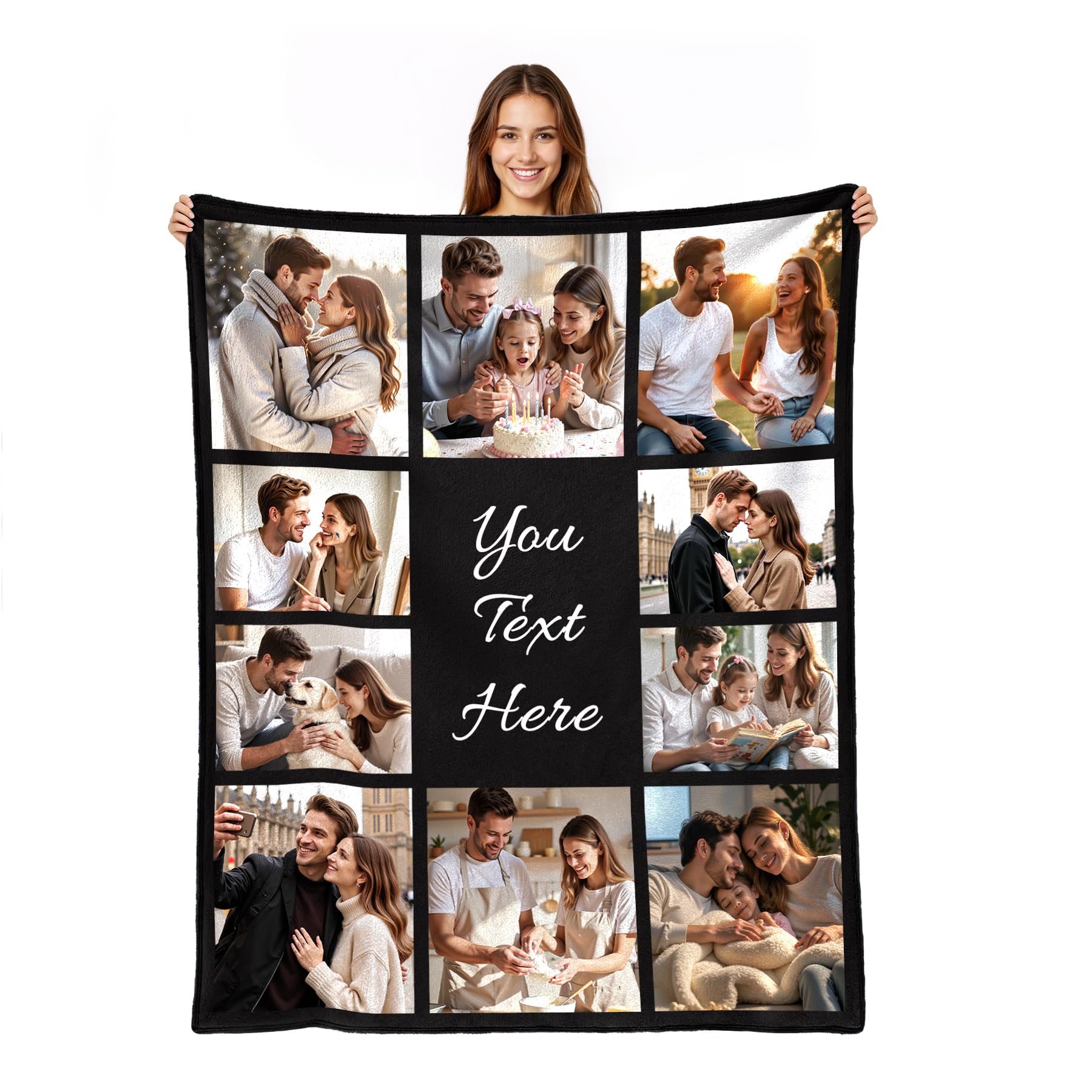 Personalised Photo Blanket for Adults, Custom Throw Blanket with Picture Text, Birthday Christmas Valentines Gifts for Girlfriend Boyfriend Her Him Women Men Couple (10 Photos and Text)