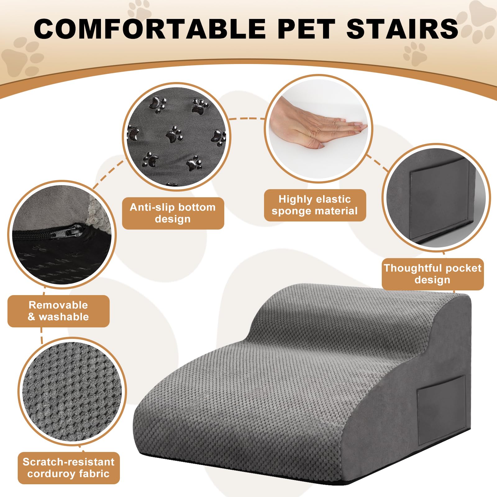 Escaliers pour Chiens à 2 Marches, Escalier pour Animaux en Éponge, Rampe pour Chien Antidérapant avec Housse en Tissu Amovible et Lavable, pour Canapé et Lit, Envoyer Rouleau Poils Animaux